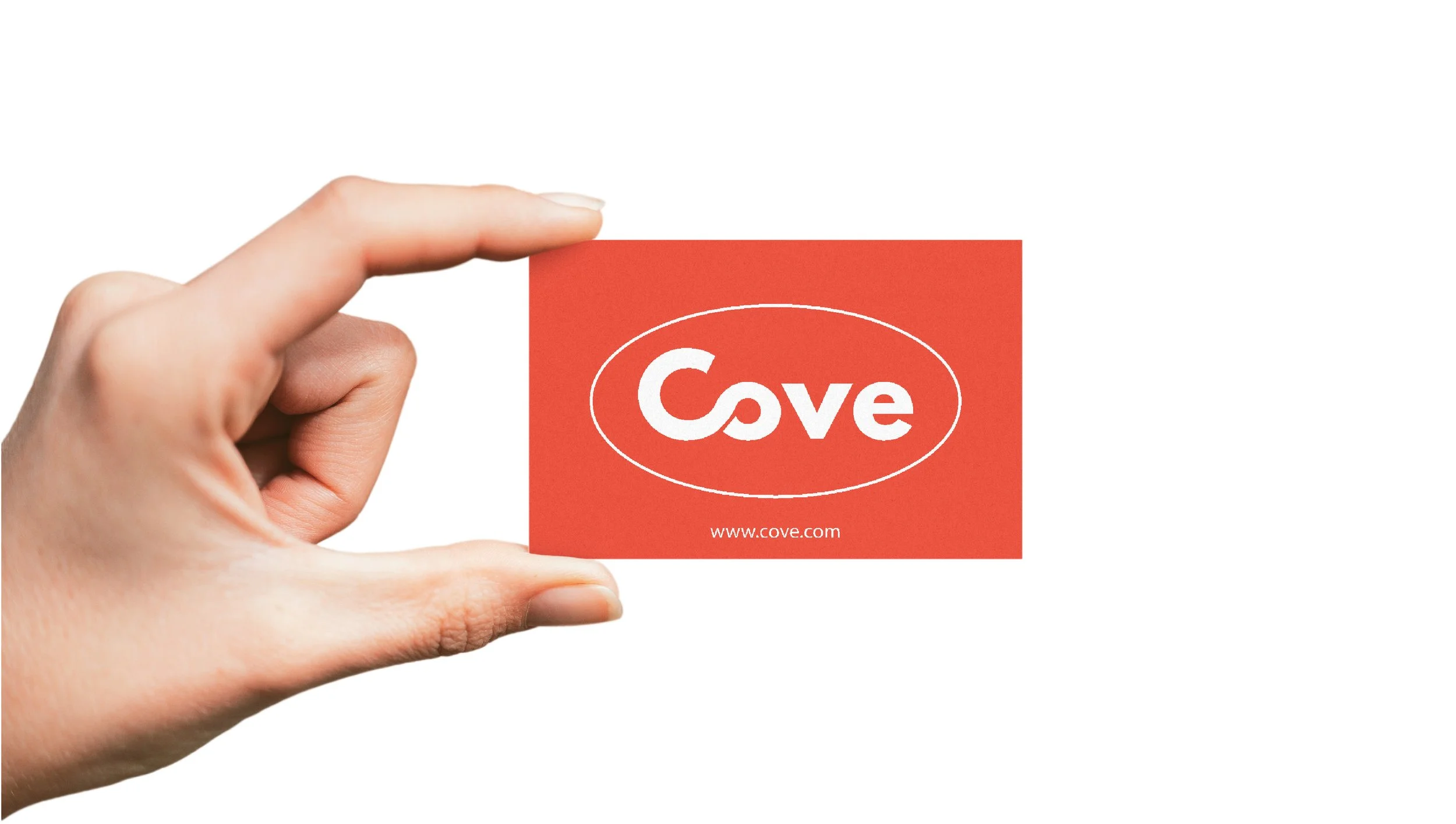A hand holding a red business card with the white logo and text 'Cove' and the website 'www.cove.com' on a plain white background.