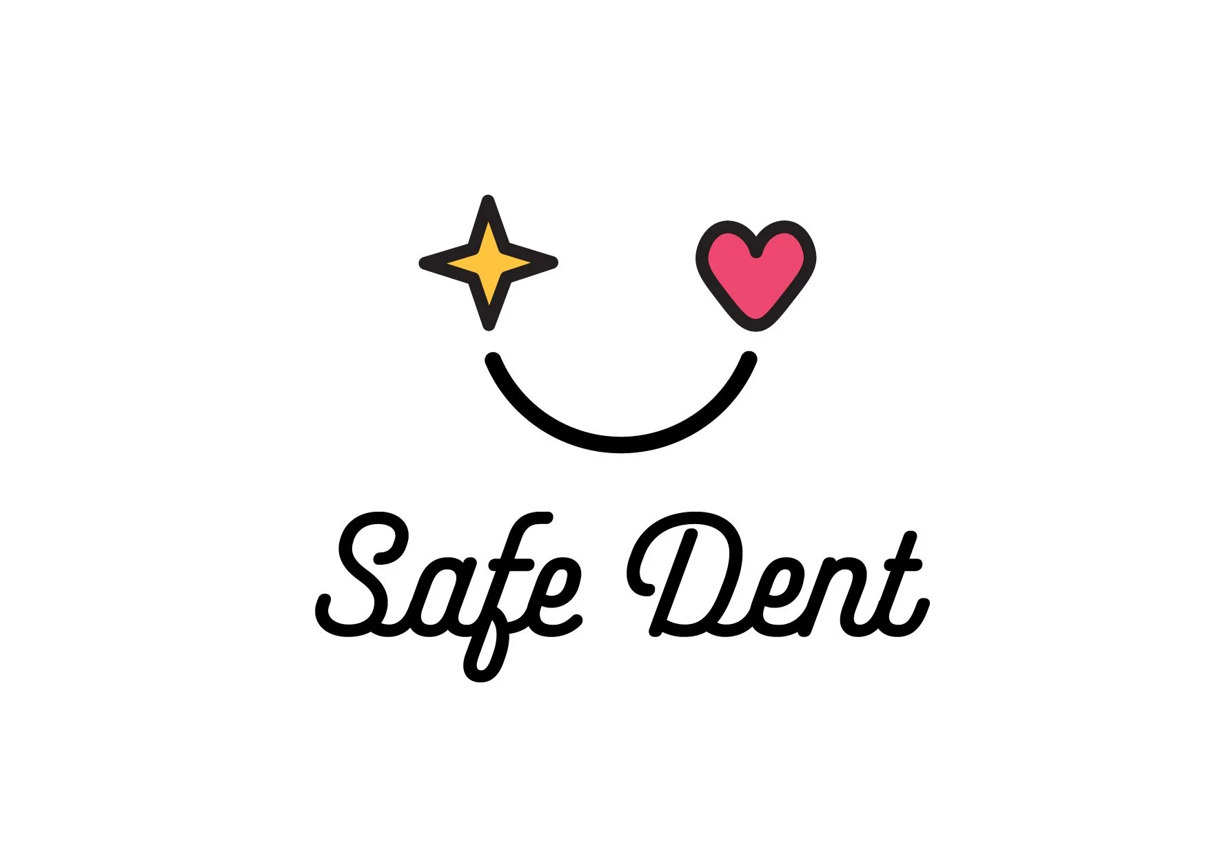 A logo with a smiley face made of simple lines, featuring a yellow star eye and a pink heart eye, and the words 'Safe Dent' written below in cursive font.