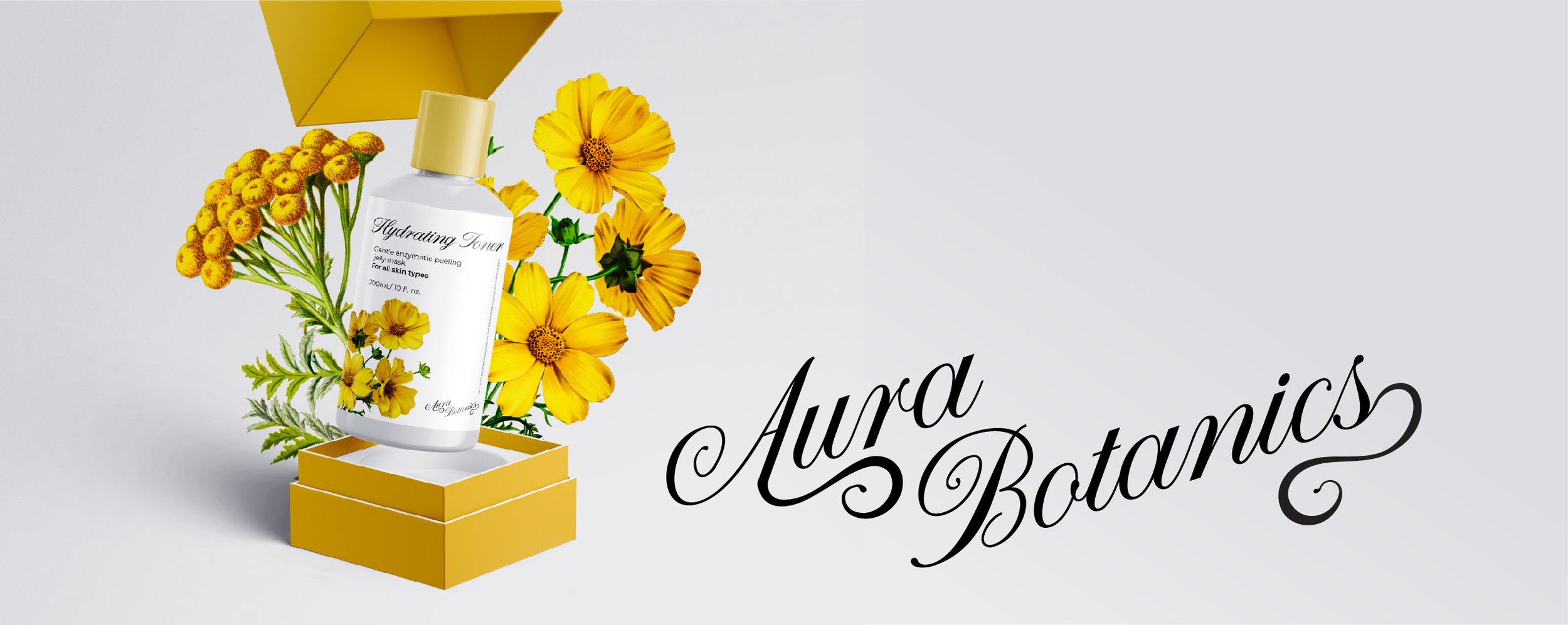 A skincare product called Hydrating Toner in a white bottle with a yellow cap, surrounded by yellow flowers and greenery, displayed in a yellow box with the text 'Award Botanics' in black script.