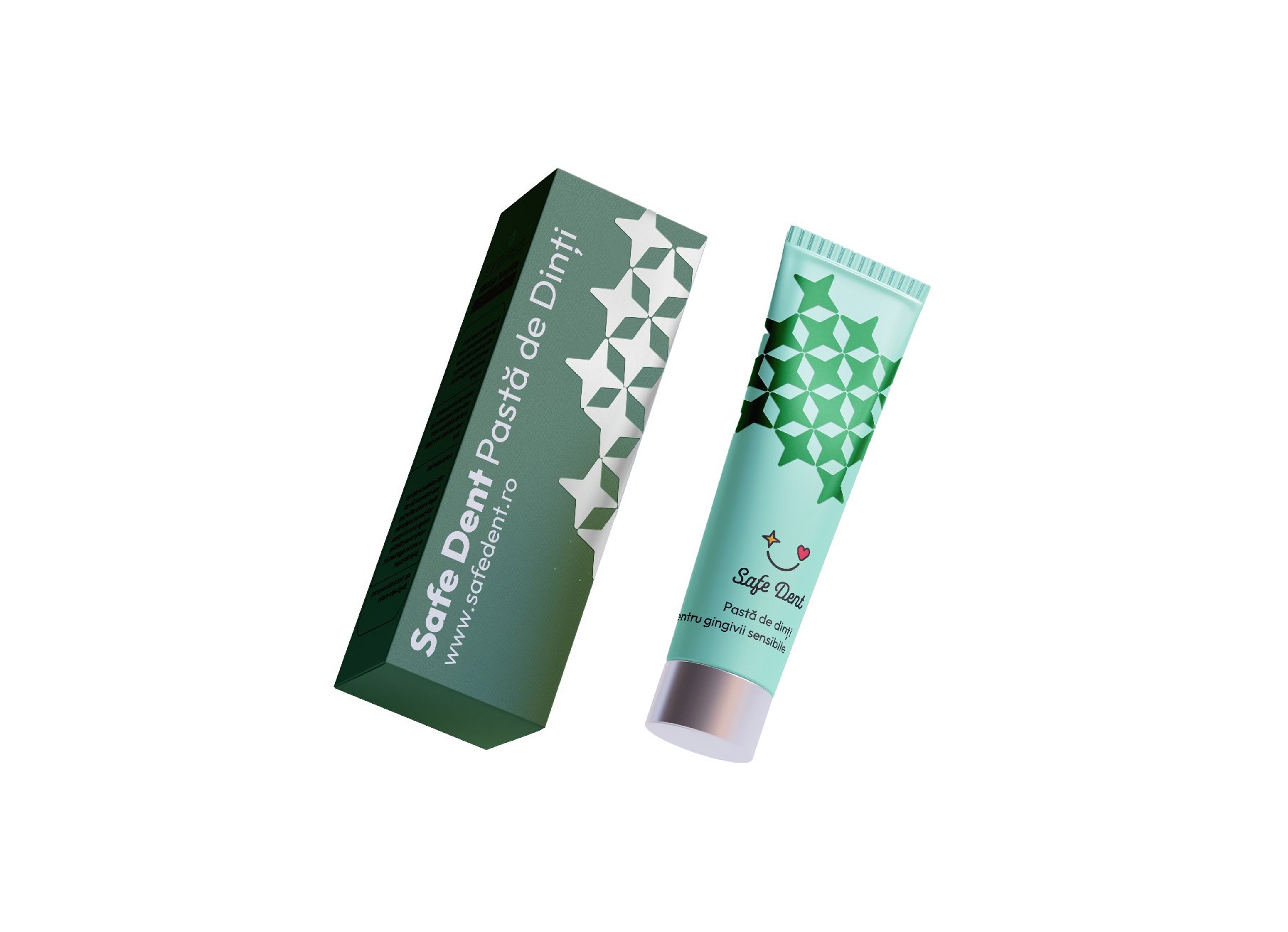 A tube of Safe Denti toothpaste and its box, both with green geometric patterns, set against a white background.