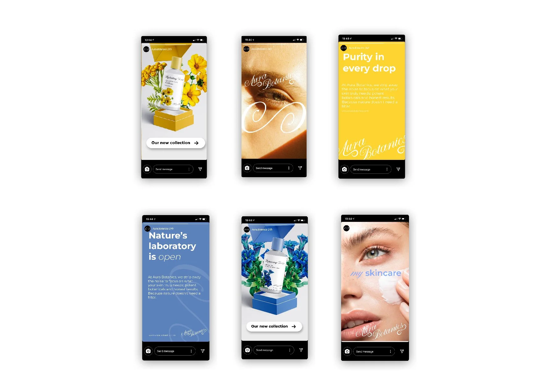 Six smartphone screens displaying skincare and beauty product advertisements and promotional messages from Aura Botanica, with colorful backgrounds and images of products and models, arranged in two rows of three.