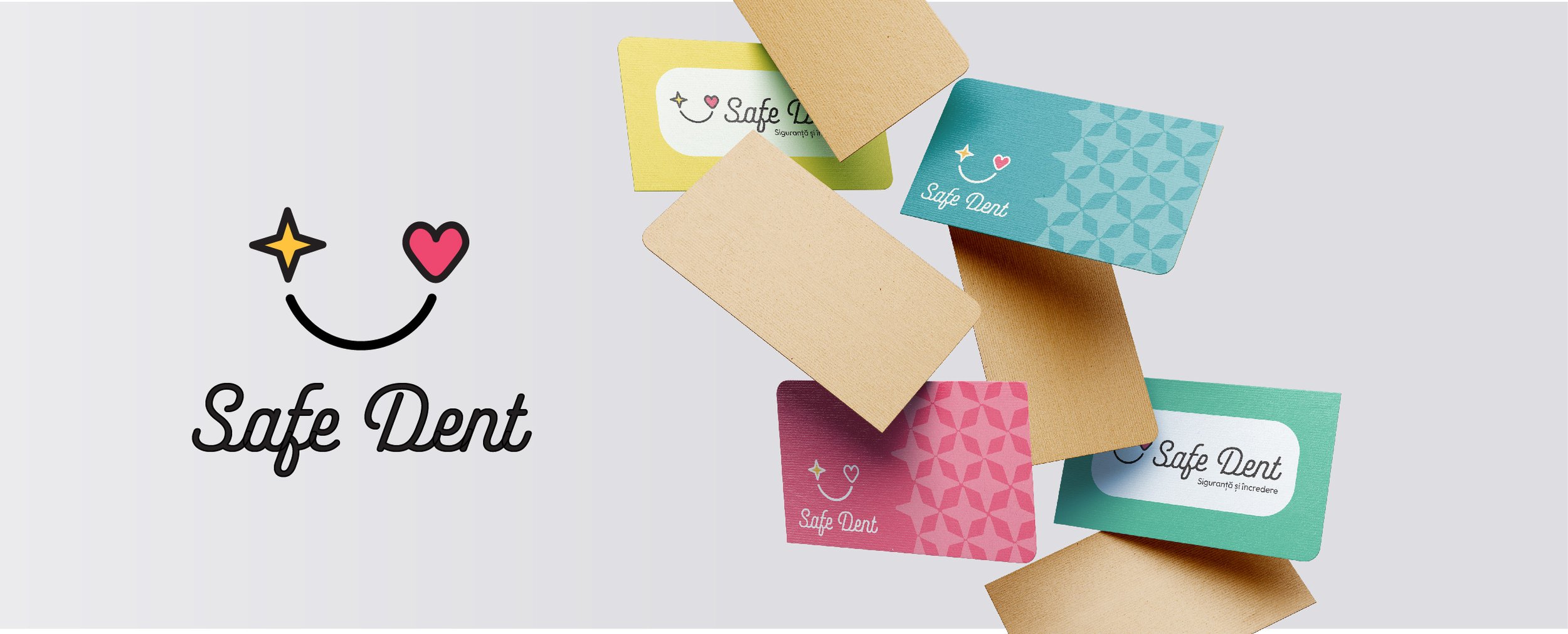 Multiple colorful business cards with the logo and name 'Safe Dent', arranged on a light background, with a smiling face with a heart and star eyes above the text 'Safe Dent' on the left side.