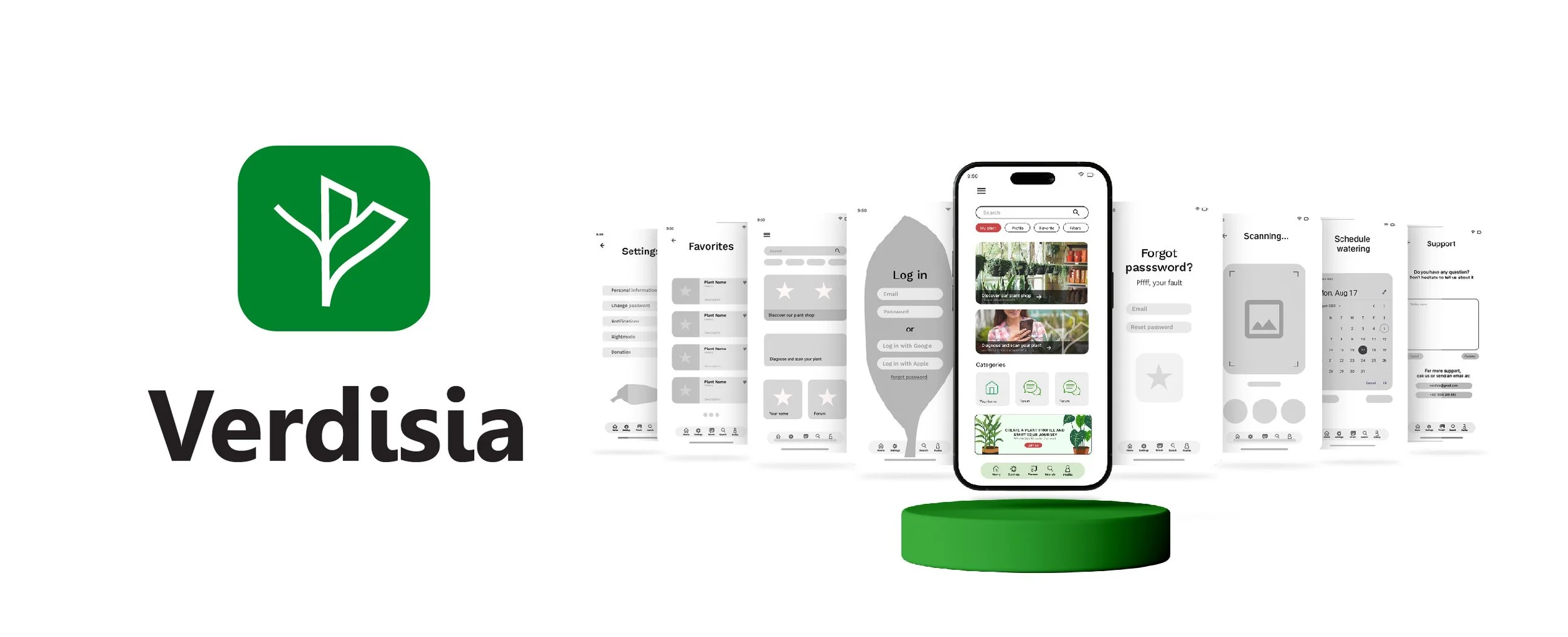 Verdisia mobile app interface for plant care and gardening community, displayed on a smartphone screen with app mockups and logo.
