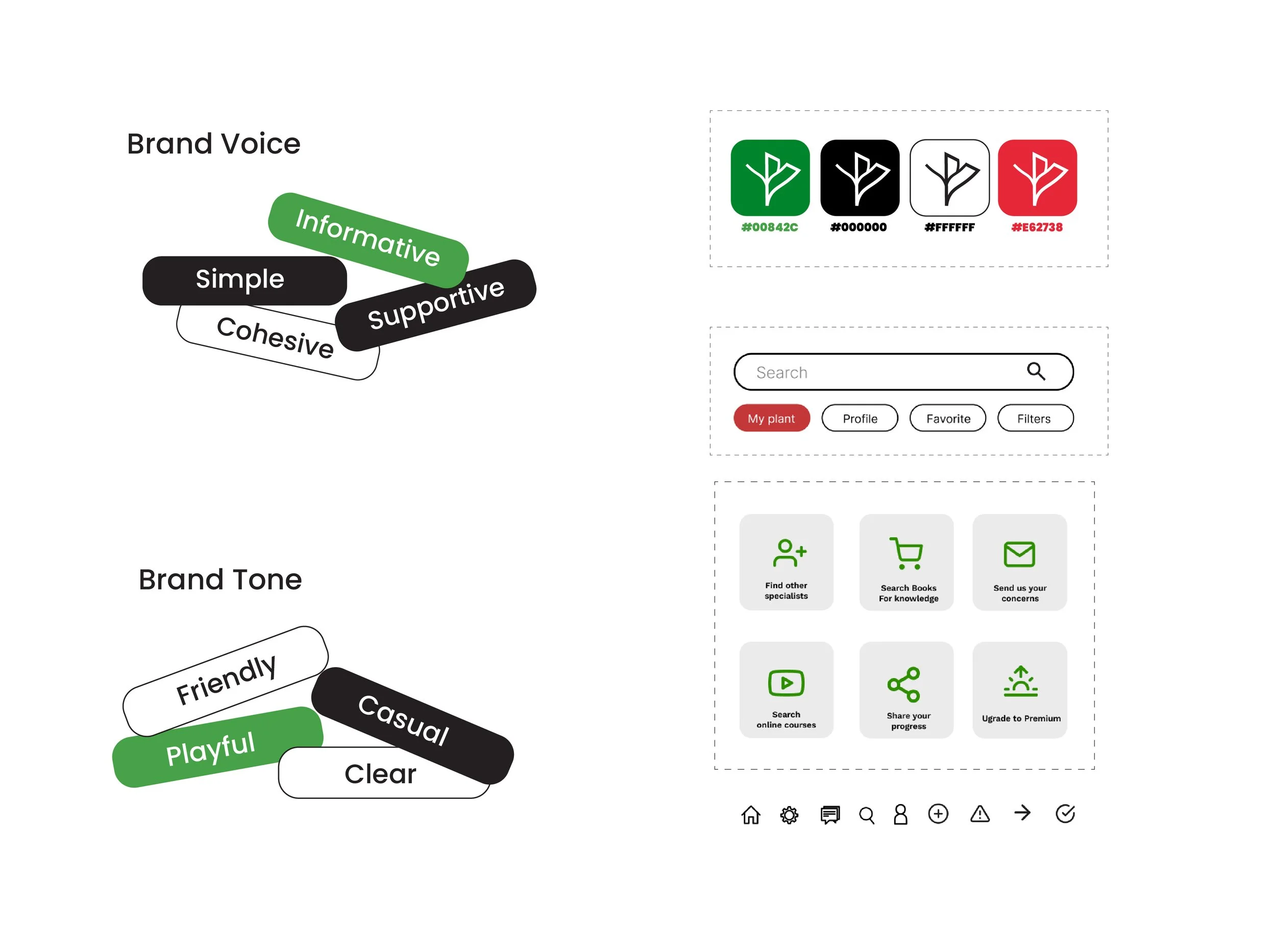 Design elements including brand voice words like 'Simple,' 'Supportive,' 'Cohesive,' 'Informative,' and brand tone words like 'Friendly,' 'Casual,' 'Playful,' 'Clear.' Color palette with green, black, white, and red swatches. User interface icons for search, profile, favorites, filters, and navigation options.