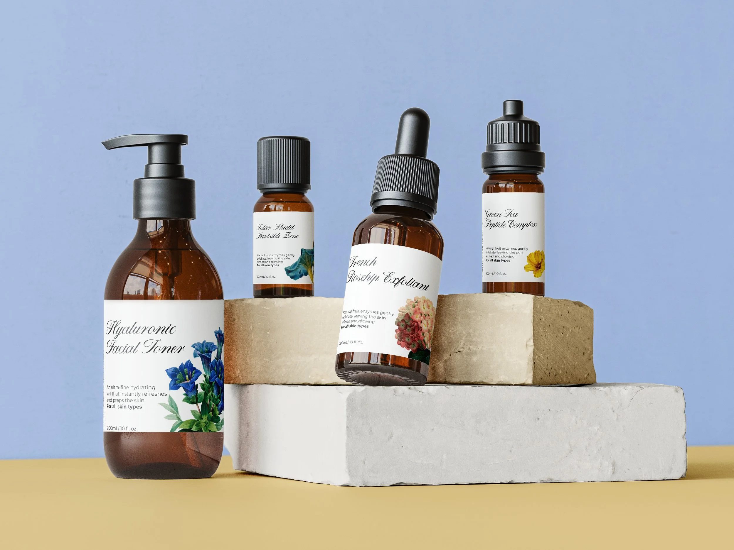 Collection of skincare products including Hyaluronic Facial Toner, Solar Shield Invisible Zinc, French Rosehip Exfoliant, and Green Tea Peptide Complex bottles, displayed on cement blocks against a blue wall background.