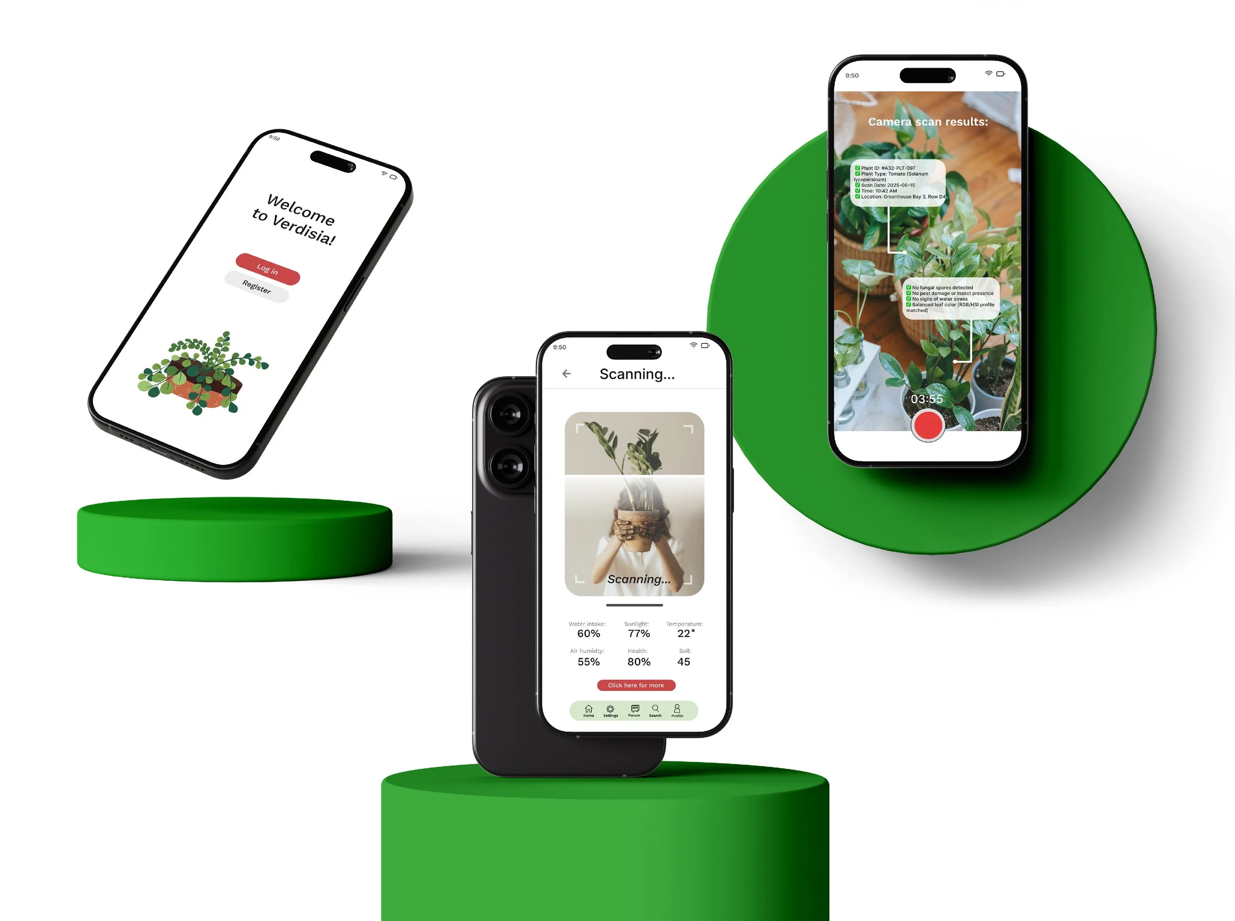 Three smartphones displaying different plant-related apps with green pedestals beneath them.