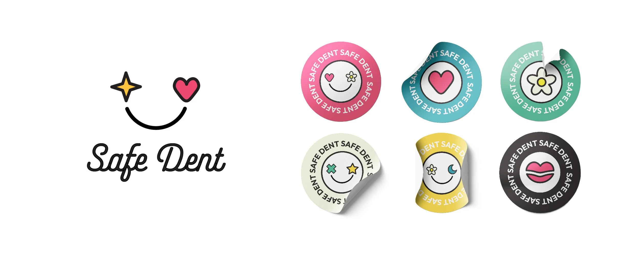 Collection of five circular stickers with smiley face designs and colorful borders, displaying the words "SAFE DENT" around the edge, along with the logo and text "Safe Dent".