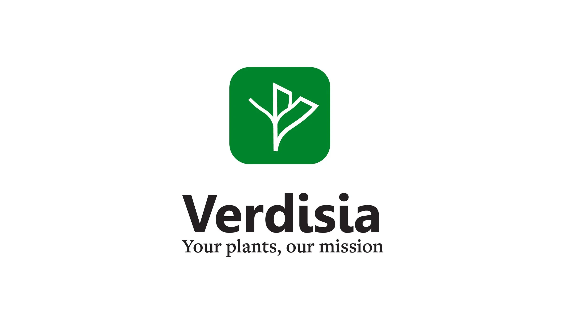 Logo of Verdisia, a green square with a white line drawing of a plant, and the text 'Verdisia' in bold black font and the slogan 'Your plants, our mission' underneath.