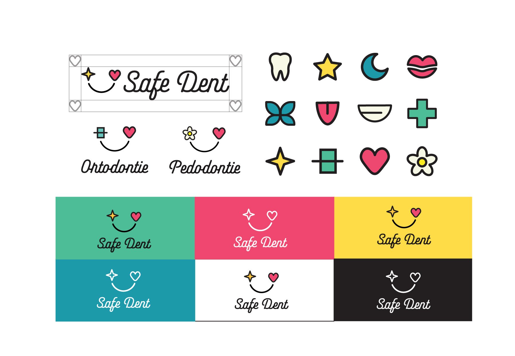 Design overview for 'Safe Dent' branding with colorful icons of teeth, stars, moons, lips, and plus signs, and alternative logo options with different background colors.