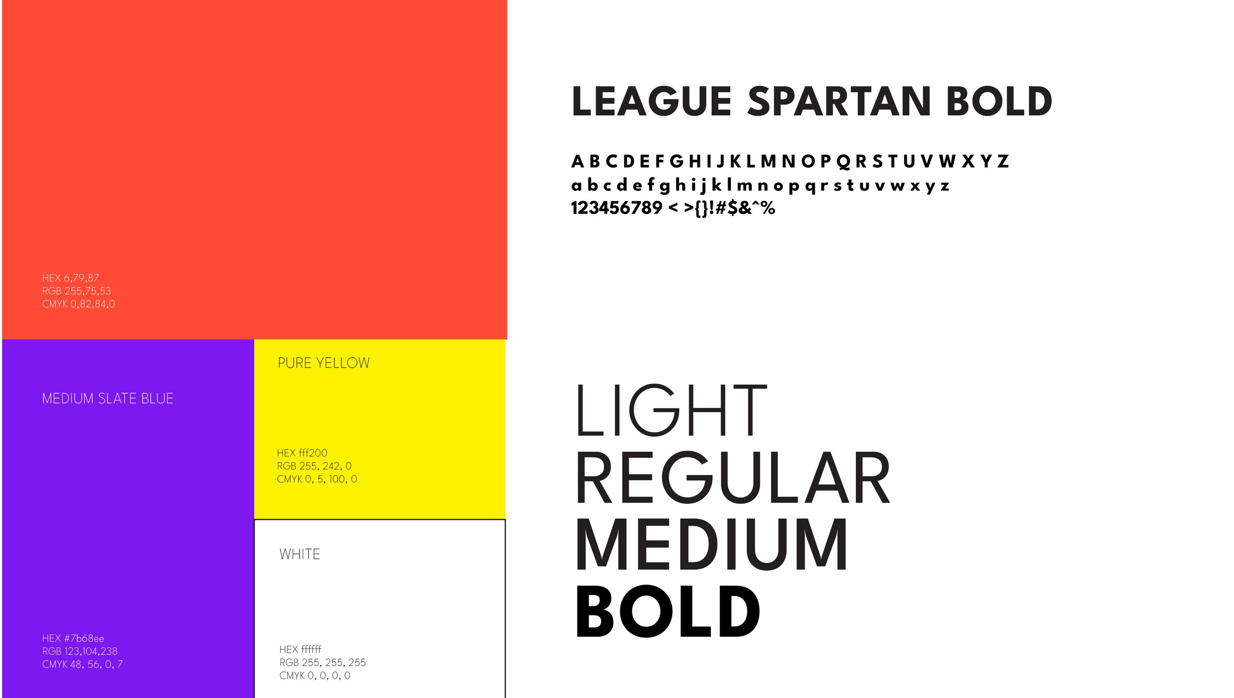 Color palette and font style guide showing five color swatches labeled with their names and codes, along with a font demonstration of the League Spartan Bold typeface in various weights, and sample text describing font characteristics.