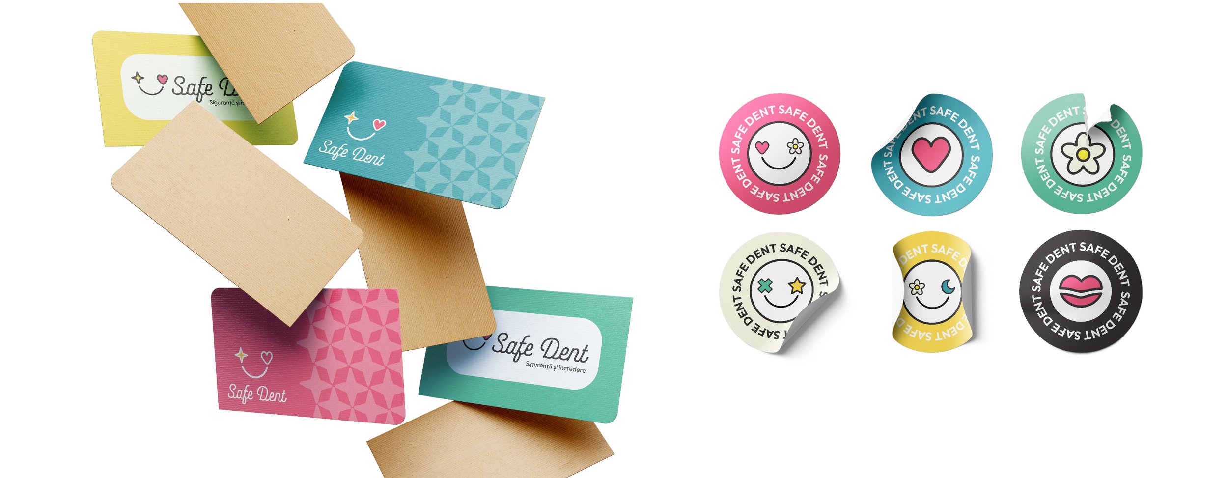 Assorted colorful stickers and labels with smiley faces and designs, some with text 'Safe Dent' and others with various symbols.