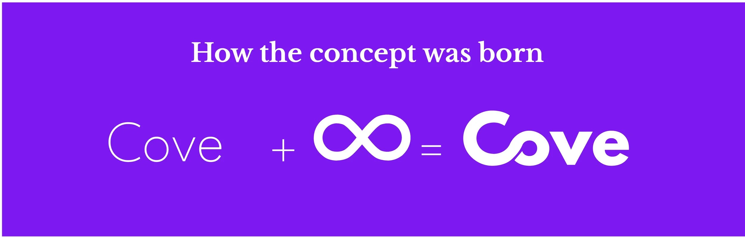 Graphic showing that 'Cove' plus infinity symbol equals 'Cove', representing a concept of infinity in a creative way.