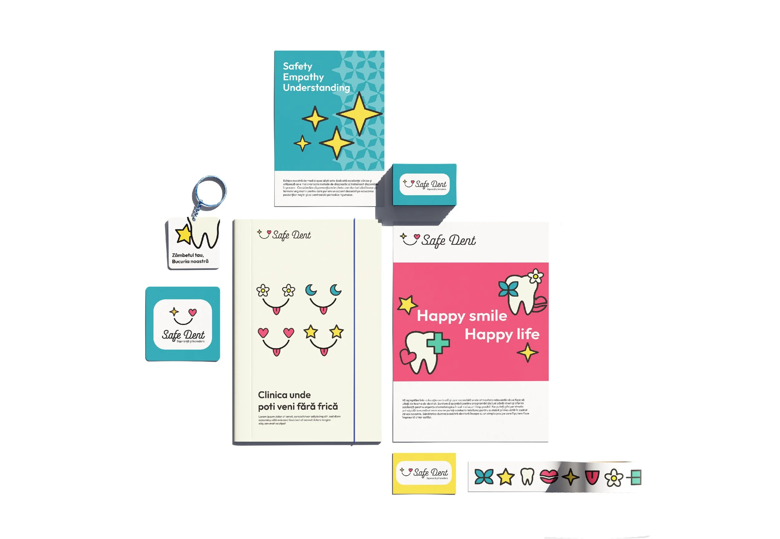 Collection of dental hygiene promotional materials including brochures, stickers, keychain, and note pads featuring colorful cartoon teeth, stars, hearts, and dental crosses with positive messages about dental care.