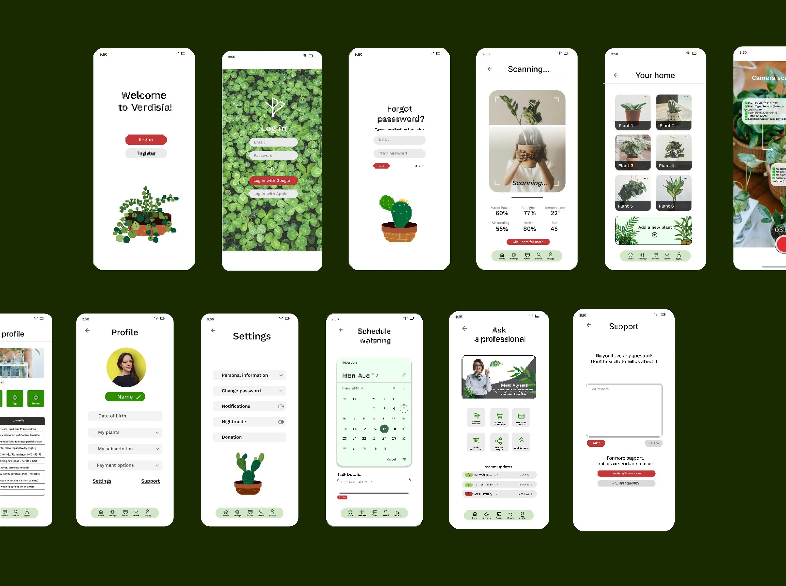 Screenshots of a mobile app interface for a plant care and gardening app, showing login, profile, settings, and plant management screens.