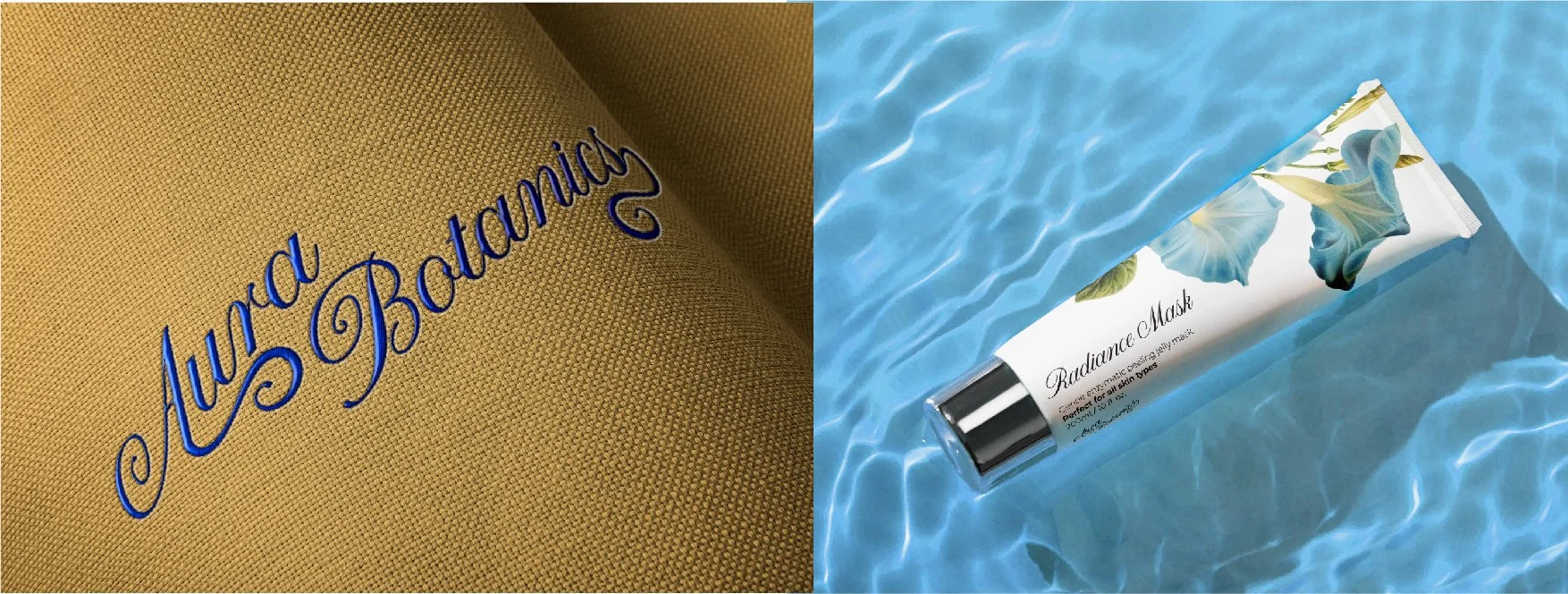 A close-up of a gold-colored textured fabric with blue embroidered text saying "Aura Boutique" on the left, and a tube of skincare product called "Radiance Mask" floating on water with a wavy surface on the right.