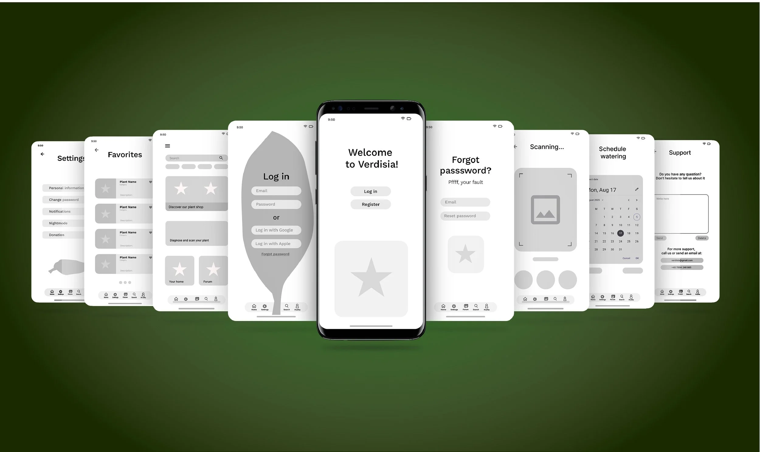 A smartphone displaying a welcome screen for a gardening app called Verdisia, with additional screens showing app features and settings against a green background.