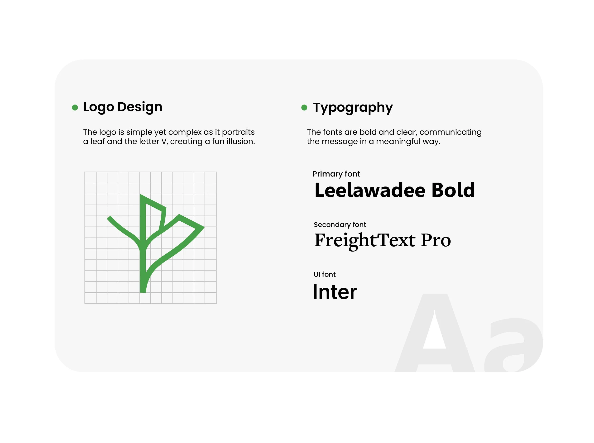 Design guide slide with two sections: Logo Design featuring a simple leaf-shaped leaf in grid, and Typography detailing font choices including Leelawadee Bold, FreightText Pro, and Inter.
