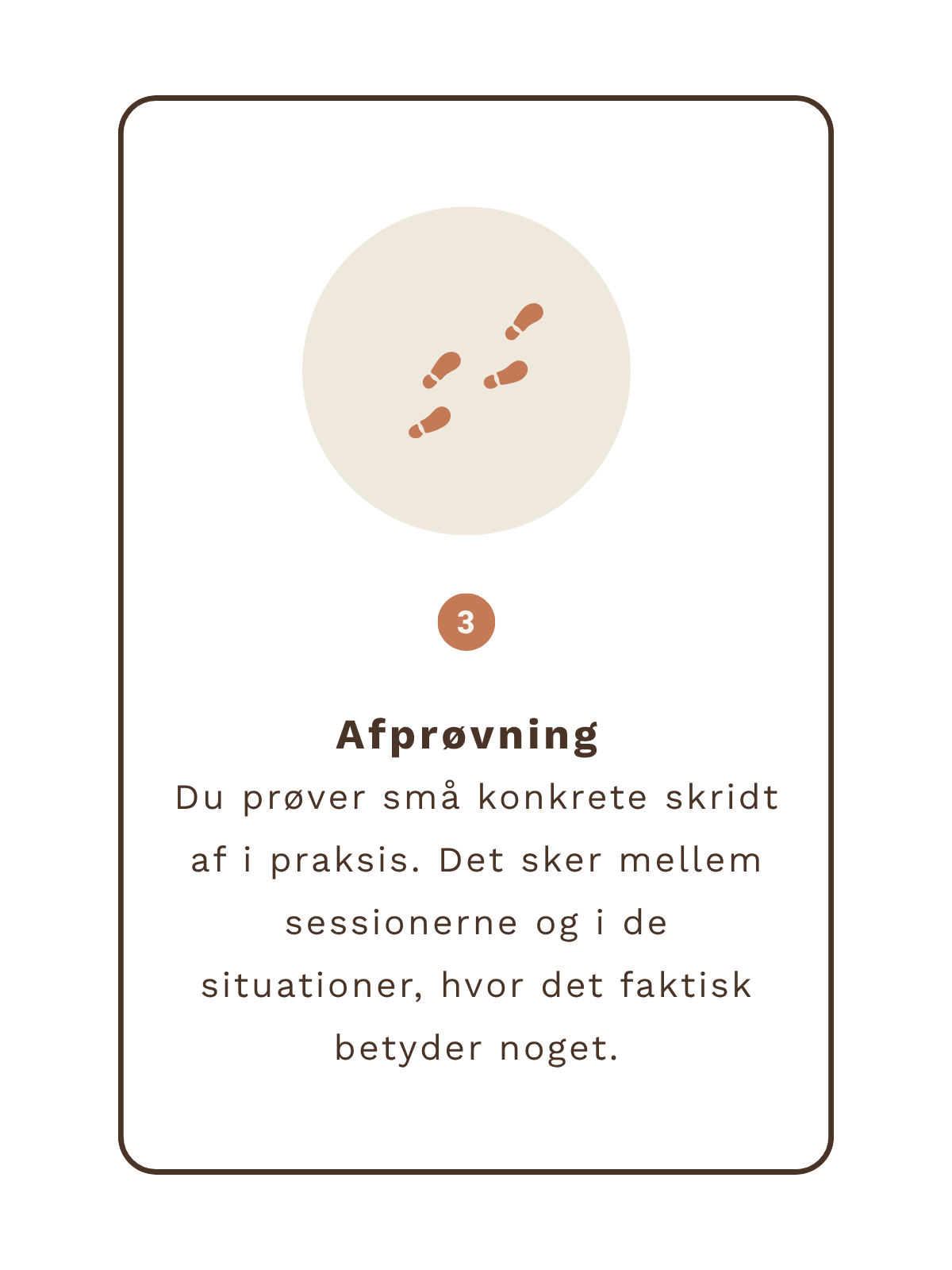 Trin 3: Afprøvning: Du prøver små konkrete skridt af i praksis. Det sker mellem sessionerne og i de situationer, hvor det faktisk betyder noget.