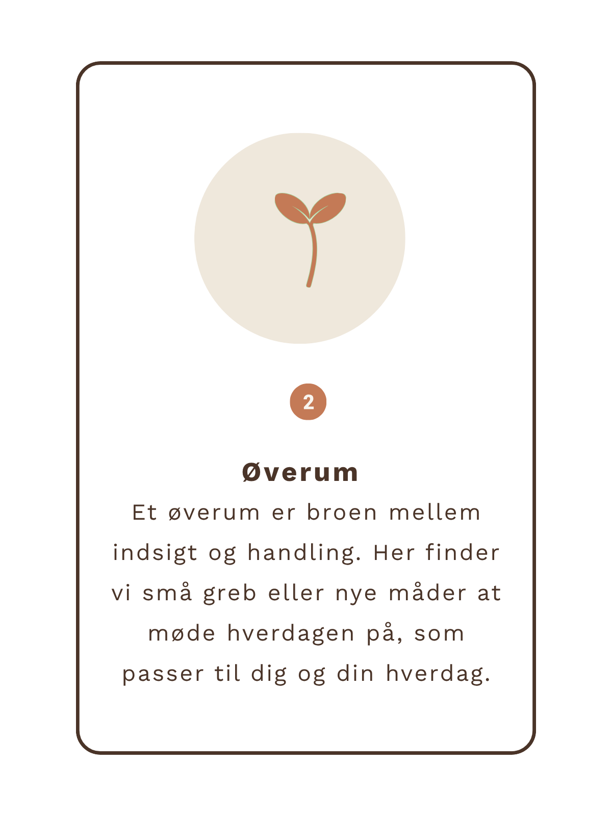 Trin 2: Øverum. Et øverum er broen mellem indsigt og handling. Her finder vi små greb eller nye måder at møde hverdagen på, som passer til dig og din hverdag.