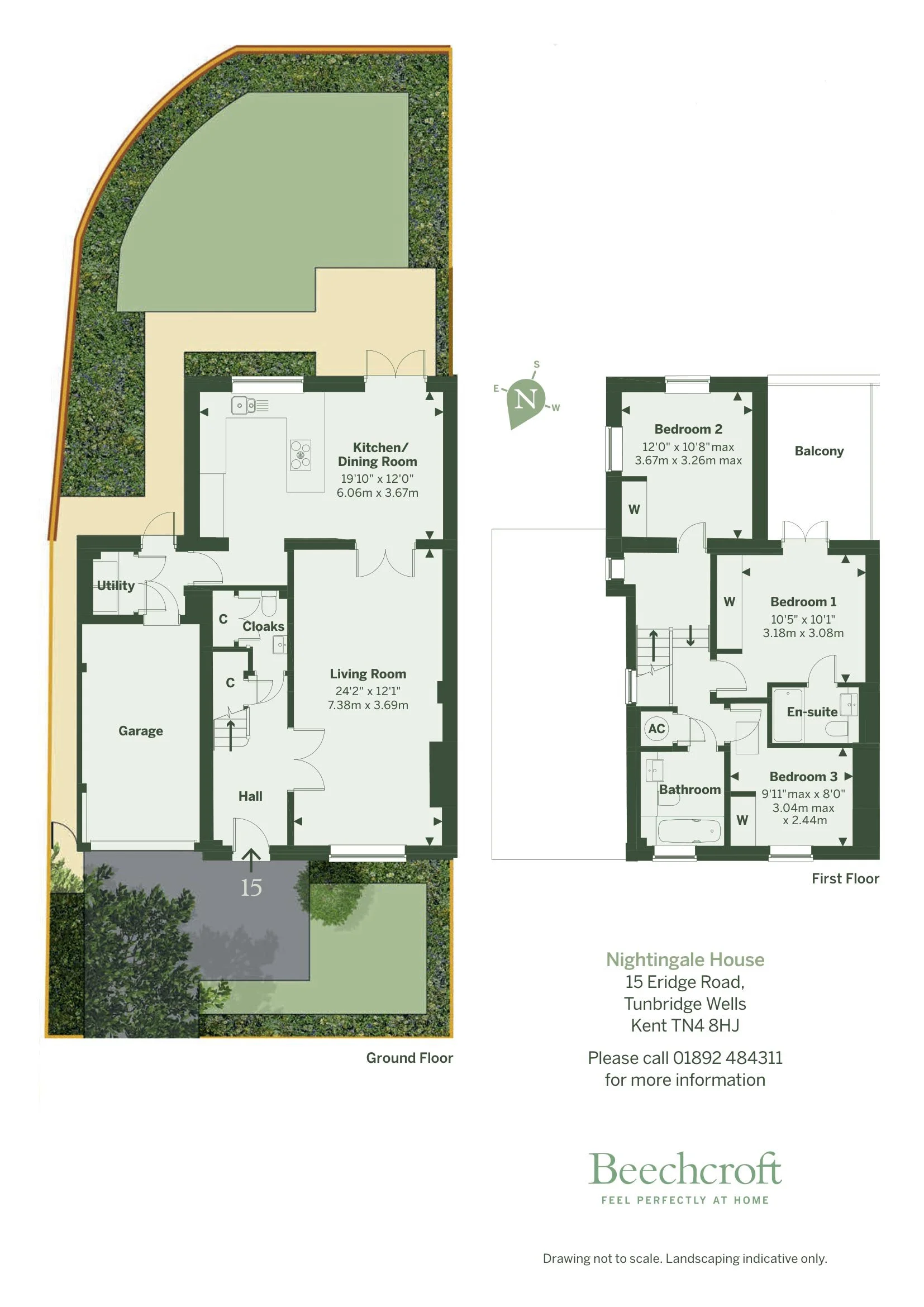 Floor plan of a two-story house with front yard and backyard gardens. The ground floor includes a garage, hall, living room, kitchen/dining room, utility room, and cloakroom. The first floor features three bedrooms, a bathroom, an en-suite, and a balcony accessible from bedrooms 1 and 2.