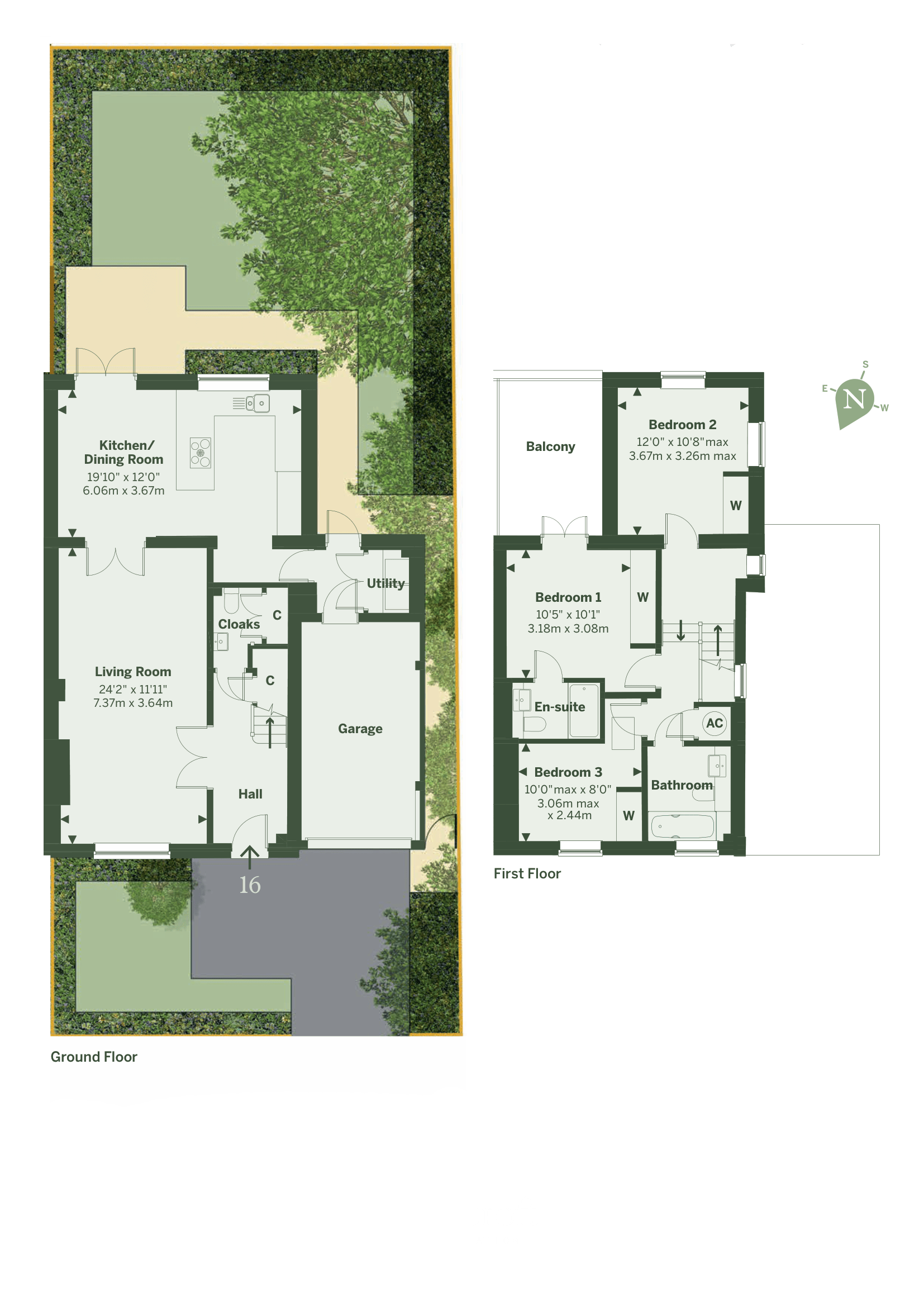 Floor plan of a two-story house with labeled rooms including a kitchen, living room, garage, and bathroom, along with an outdoor yard and balcony.