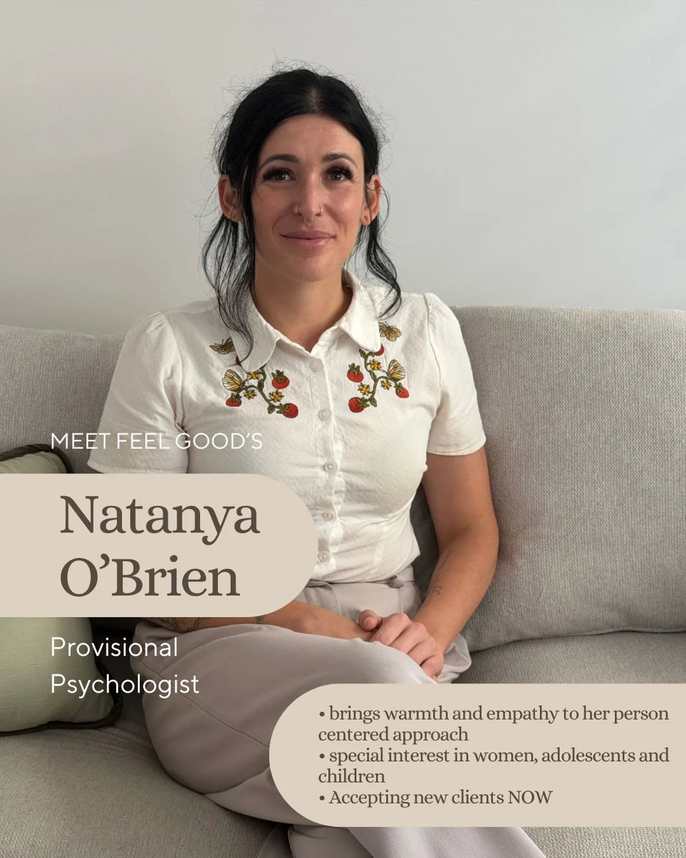 ACCEPTING NEW CLIENTS NOW ✨

Natanya encompasses the values and practice style that makes Feel Good what it is! To work beside someone who shares an emphasis on seeing client&rsquo;s achieve results in a kind, supportive and evidence based space, is 