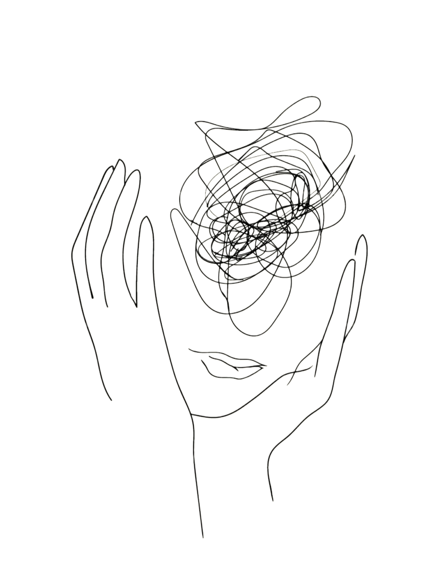A minimalistic line drawing of a person's face with hands on their cheeks, drawn with a continuous black line style on a white background.