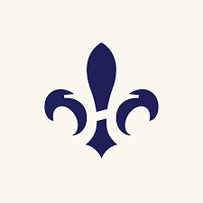 Stylized navy blue fleur-de-lis symbol on a white background.