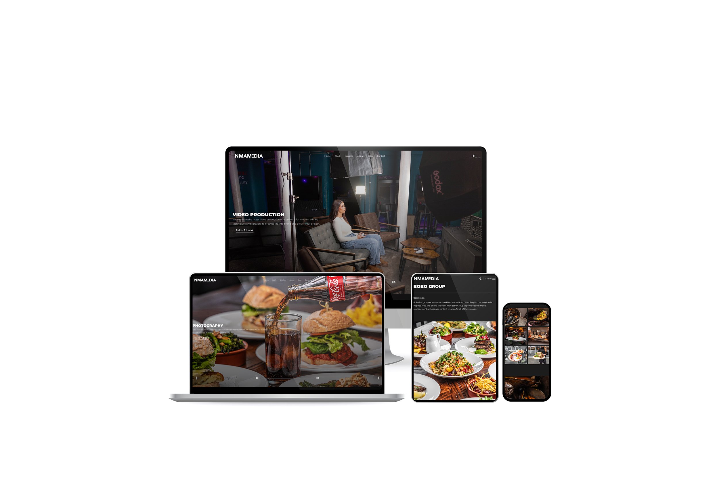 Multiple electronic devices displaying website images, including a desktop monitor, a laptop, a tablet, and a smartphone, showing media content related to video production, food photography, and a restaurant group.