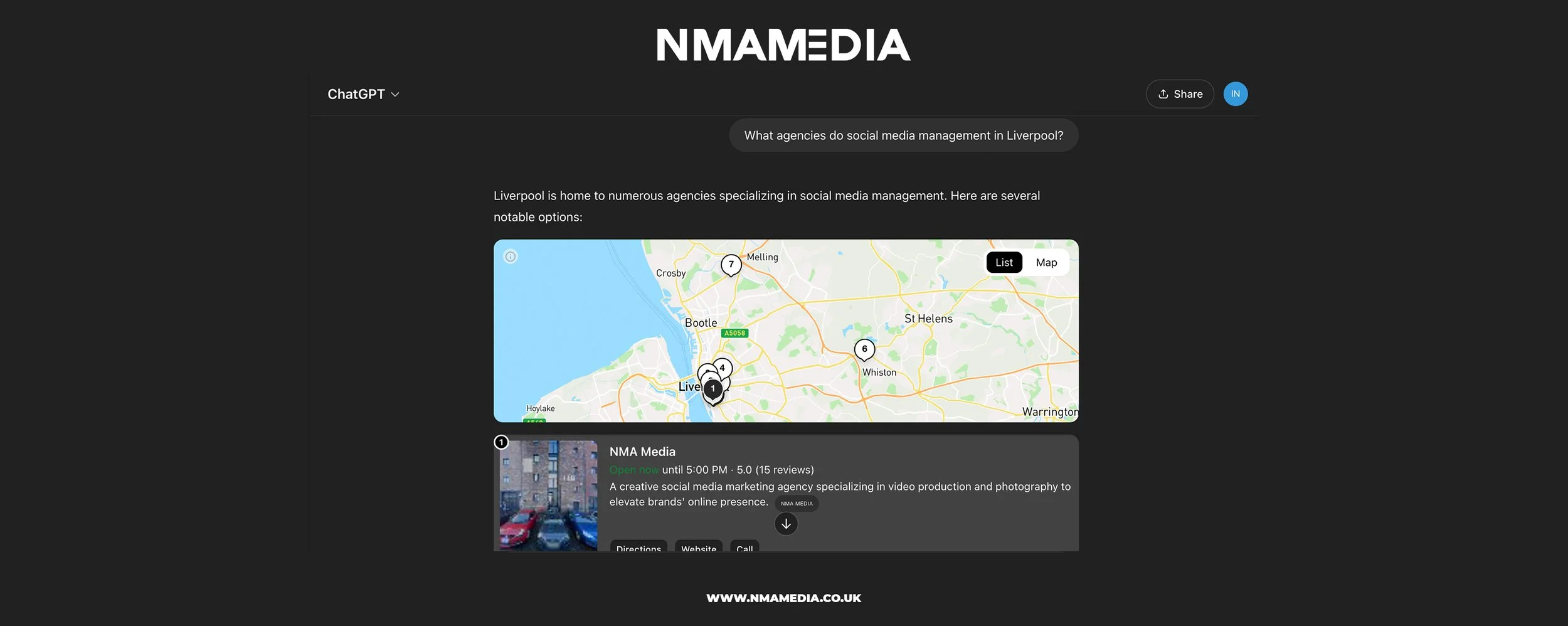 Screenshot of a webpage from NMAMEDIA showcasing social media management agencies in Liverpool, featuring a map with agency locations and a listing for NMA Media.