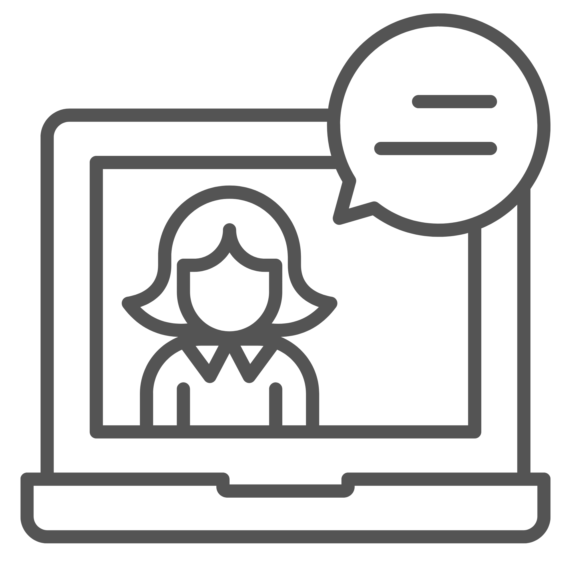 Icon van een persoon die op een laptop verschijnt met een spraakballon erbij, afgebeeld in een minimalistische lijntekening.