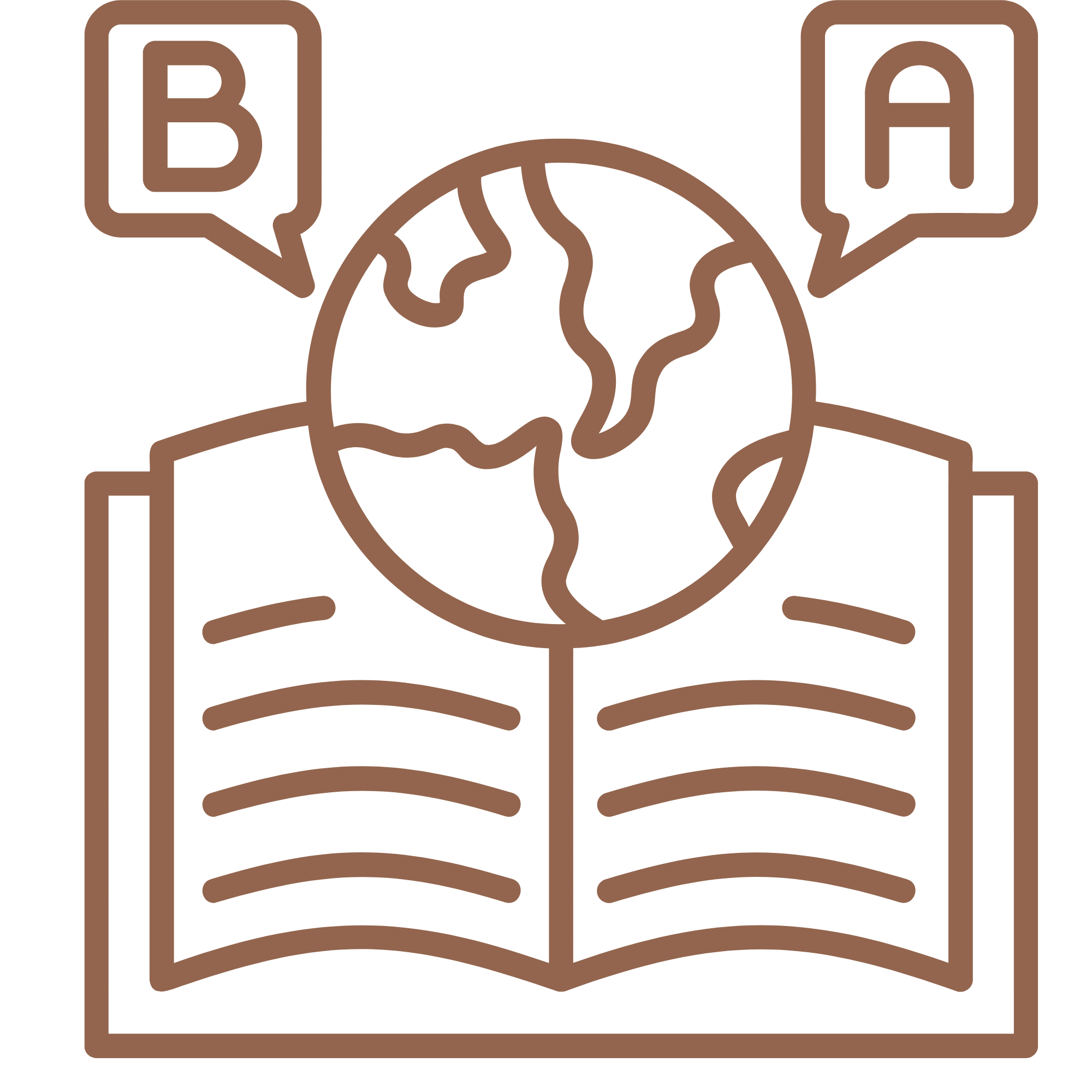 Illustratie van een wereldbol boven een open boek met tekstregels, met twee spraakbubbels met de letters 'A' en 'B' erboven.