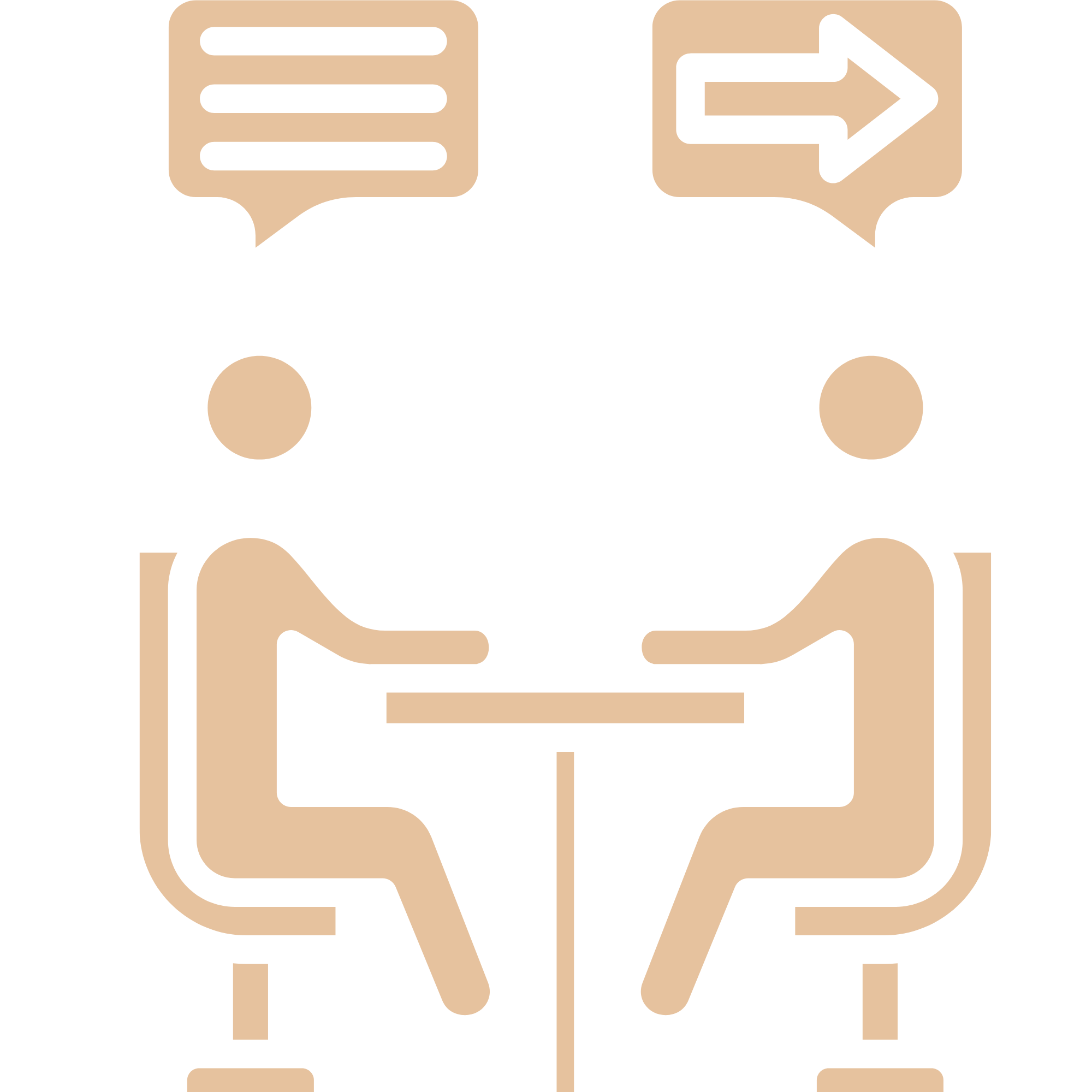 Twee mensen zitten aan een tafel en hebben een gesprek, met communicatie- en doorverwijzingssymbolen boven hen.