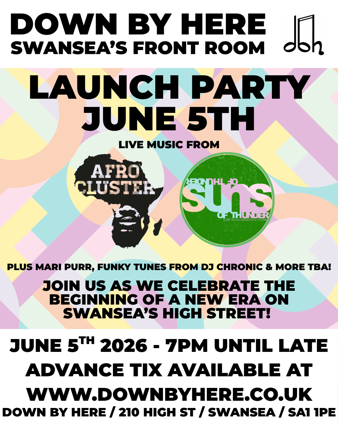 DOWN BY HERE LAUNCH PARTY! w/ Afro Cluster + Suns of Thunder + more!