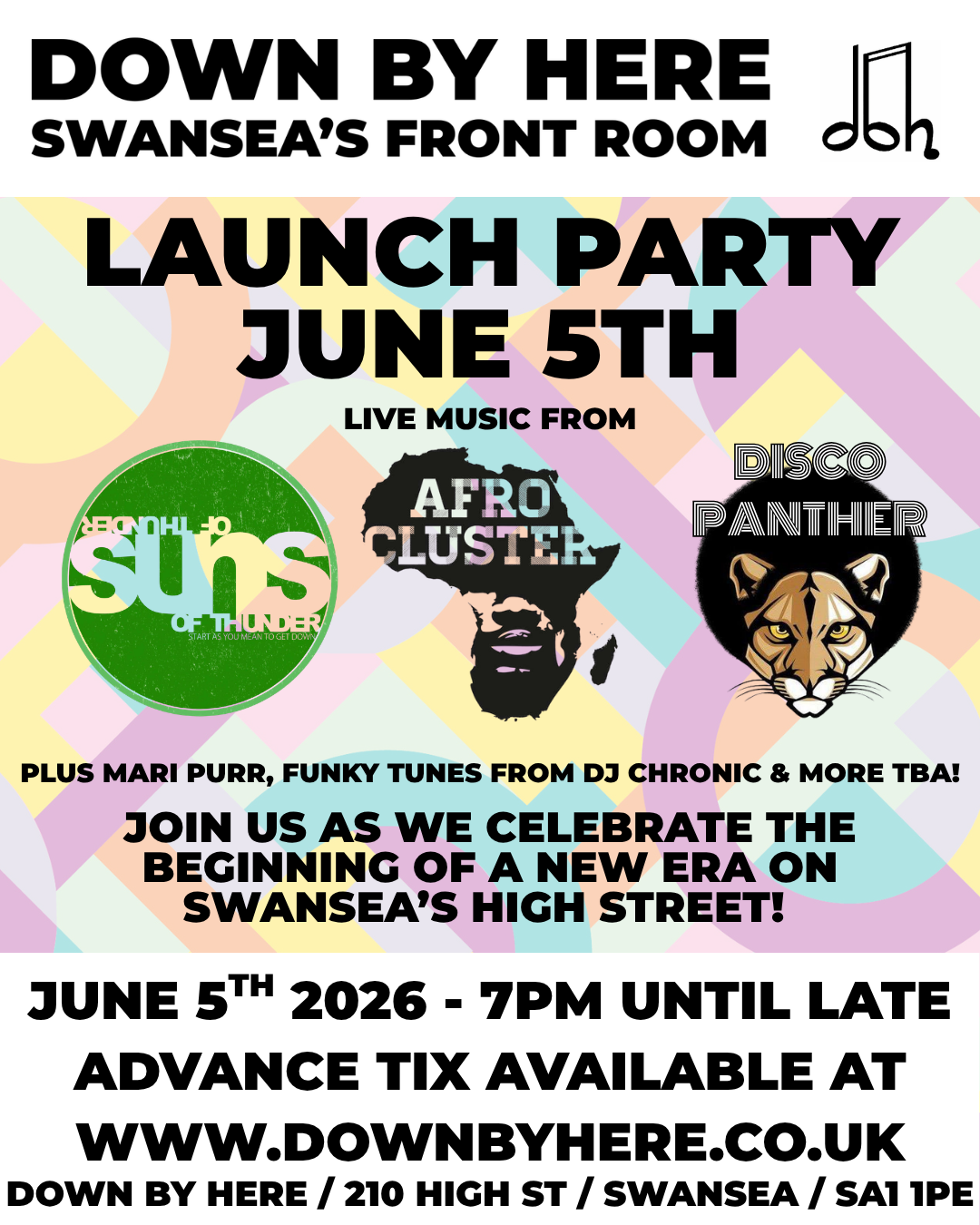DOWN BY HERE LAUNCH PARTY! w/ Afro Cluster +   Disco Panther + Suns of Thunder + more!