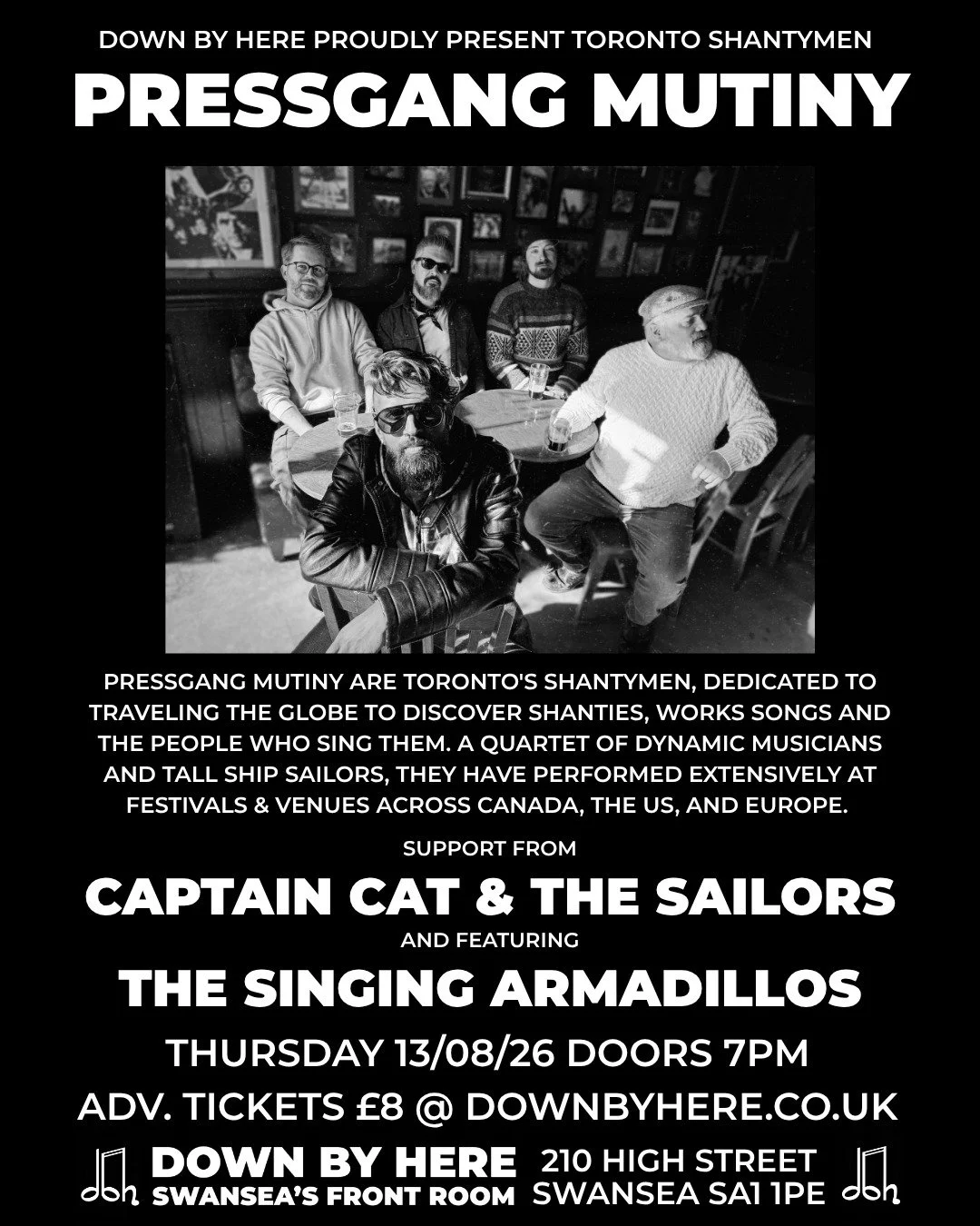 THURSDAY AUGUST 8TH

Pressgang Mutiny head to High Street!

Pressgang Mutiny are Toronto's Shantymen, dedicated to traveling the globe to discover shanties, works songs and the people who sing them. A quartet of dynamic musicians and tall ship sailor