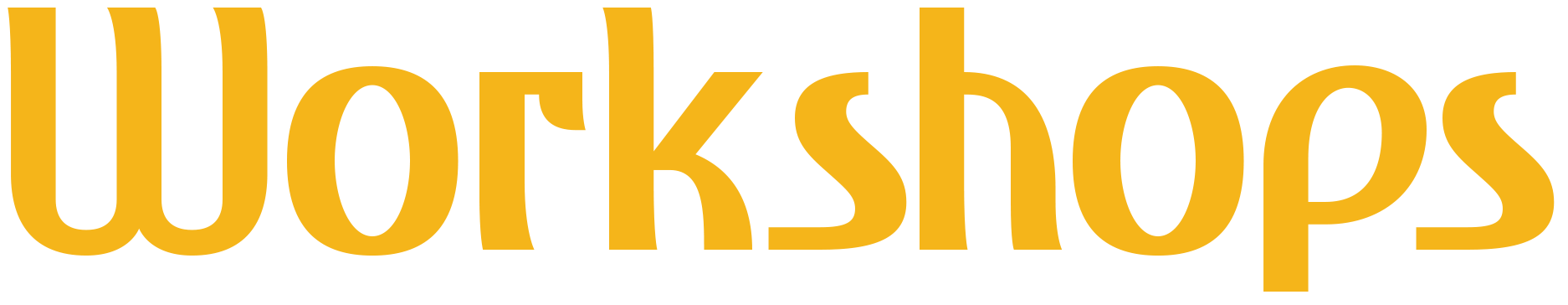 Text logo reading 'Workshops' in bold yellow font on a transparent background.