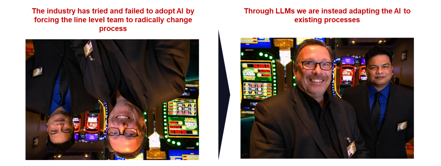 Two casino employees in suits standing in front of slot machines, smiling at the camera.