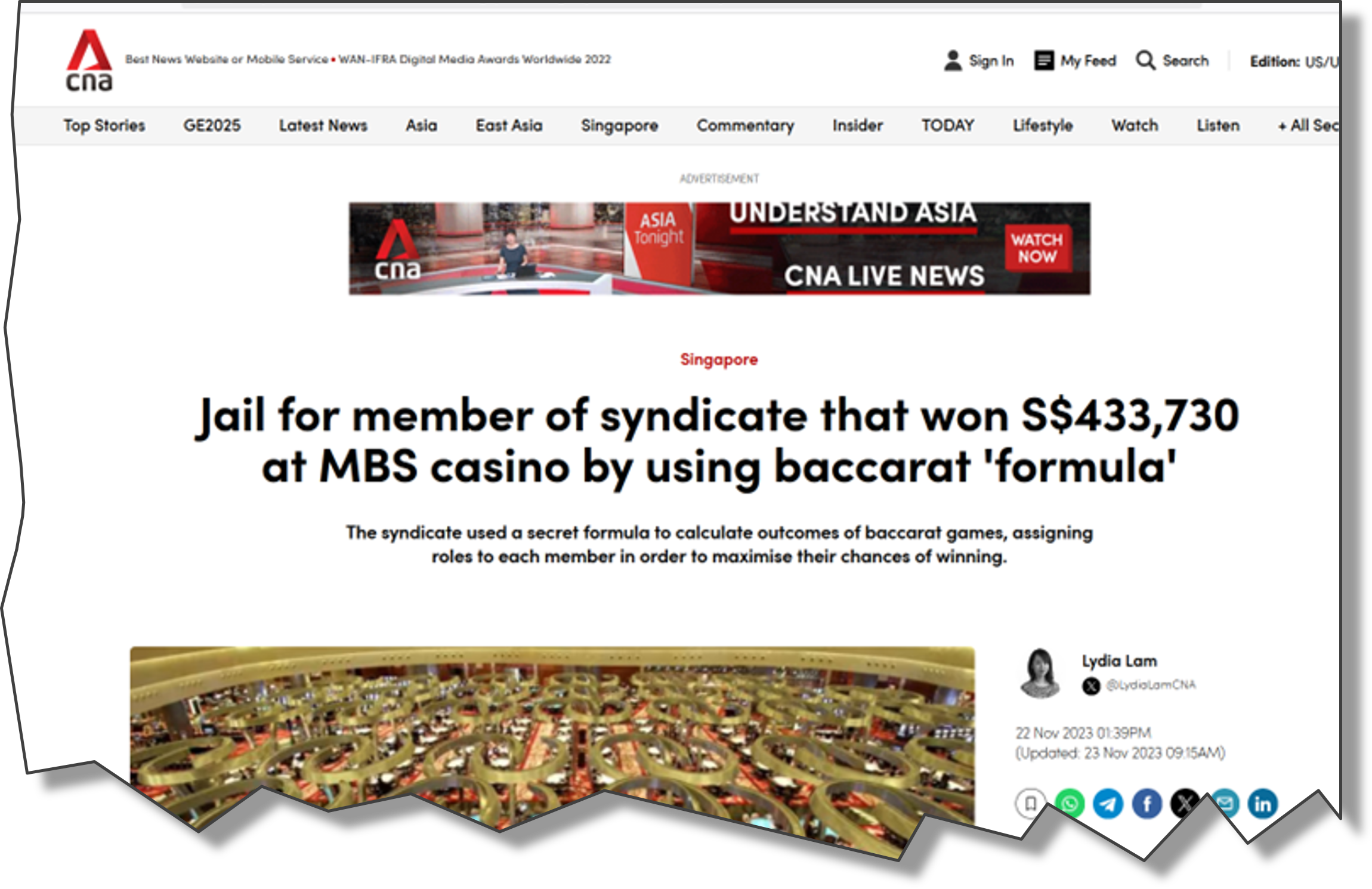 Screen capture of CNA news website with headline about a syndicate member jailed for using a secret baccarat formula at MBS casino in Singapore, and an image of a casino floor with slot machines.