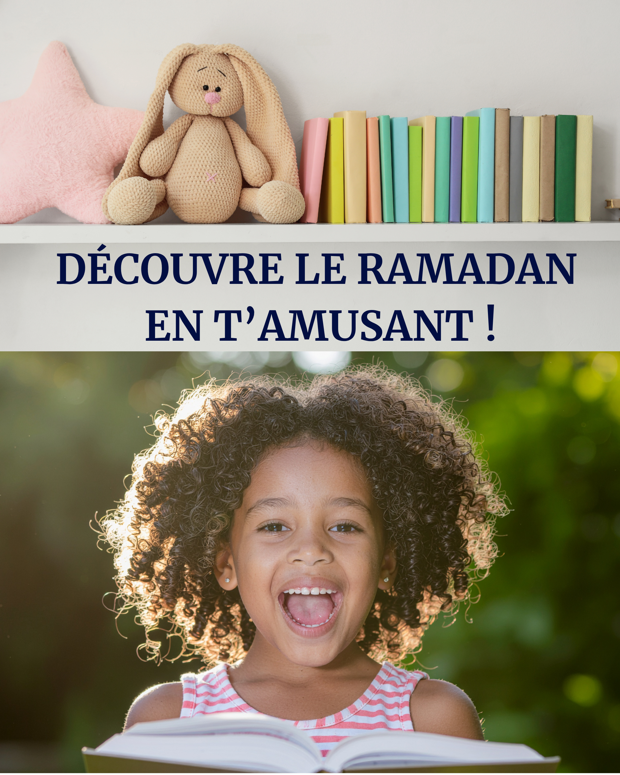 Une jeune fille joyeuse avec des cheveux bouclés, en train de lire un livre à l'extérieur, ensoleillé avec un fond flou de verdure.
