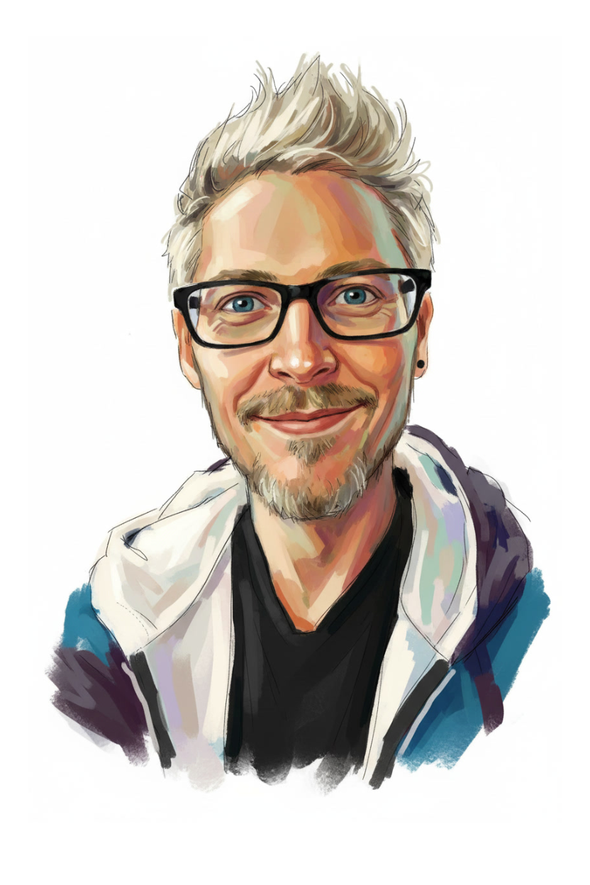 A digital drawing of a smiling man with glasses, light brown hair, and a beard, wearing a black shirt and a colorful jacket.