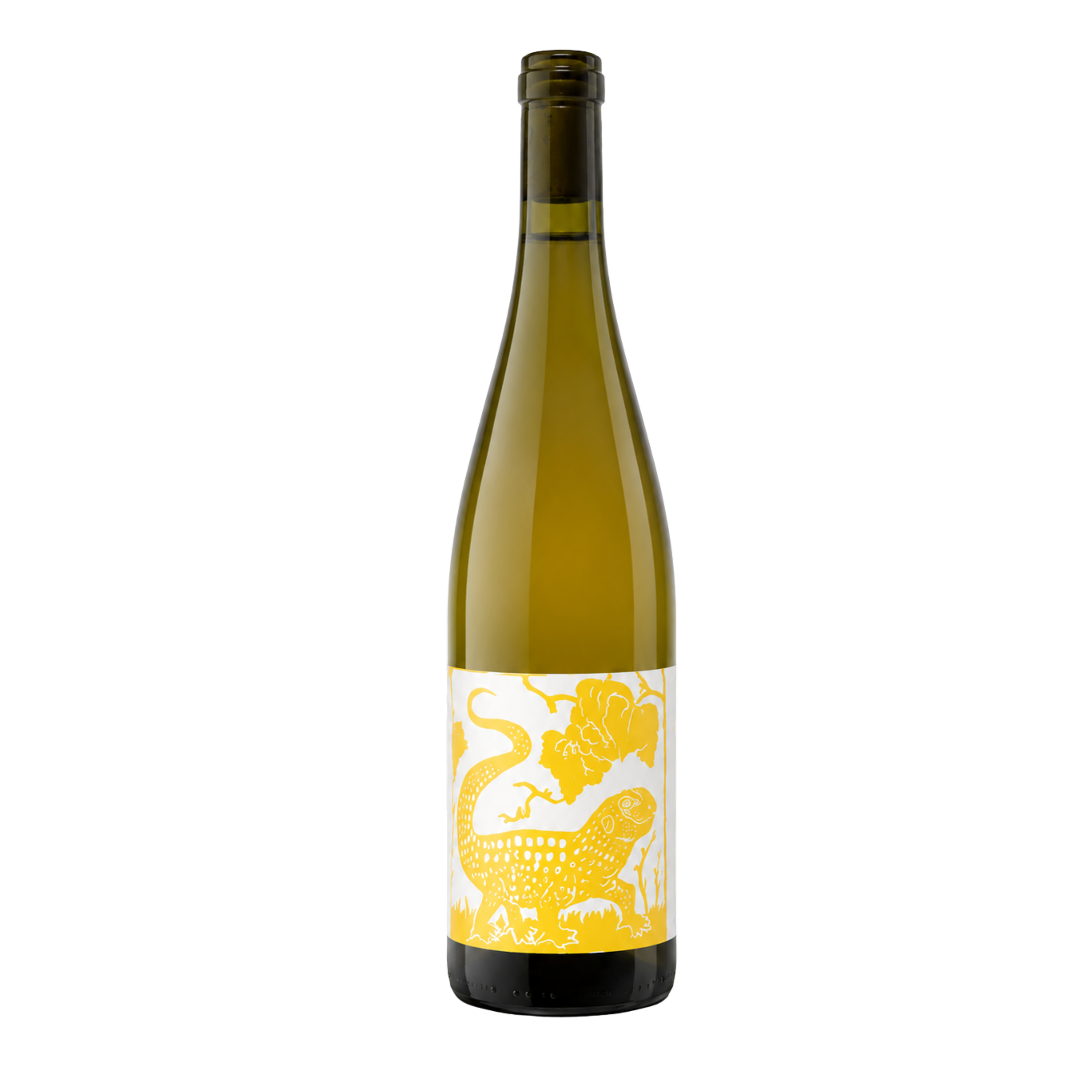 Dark-colored bottle with a yellow label featuring a dragon illustration
