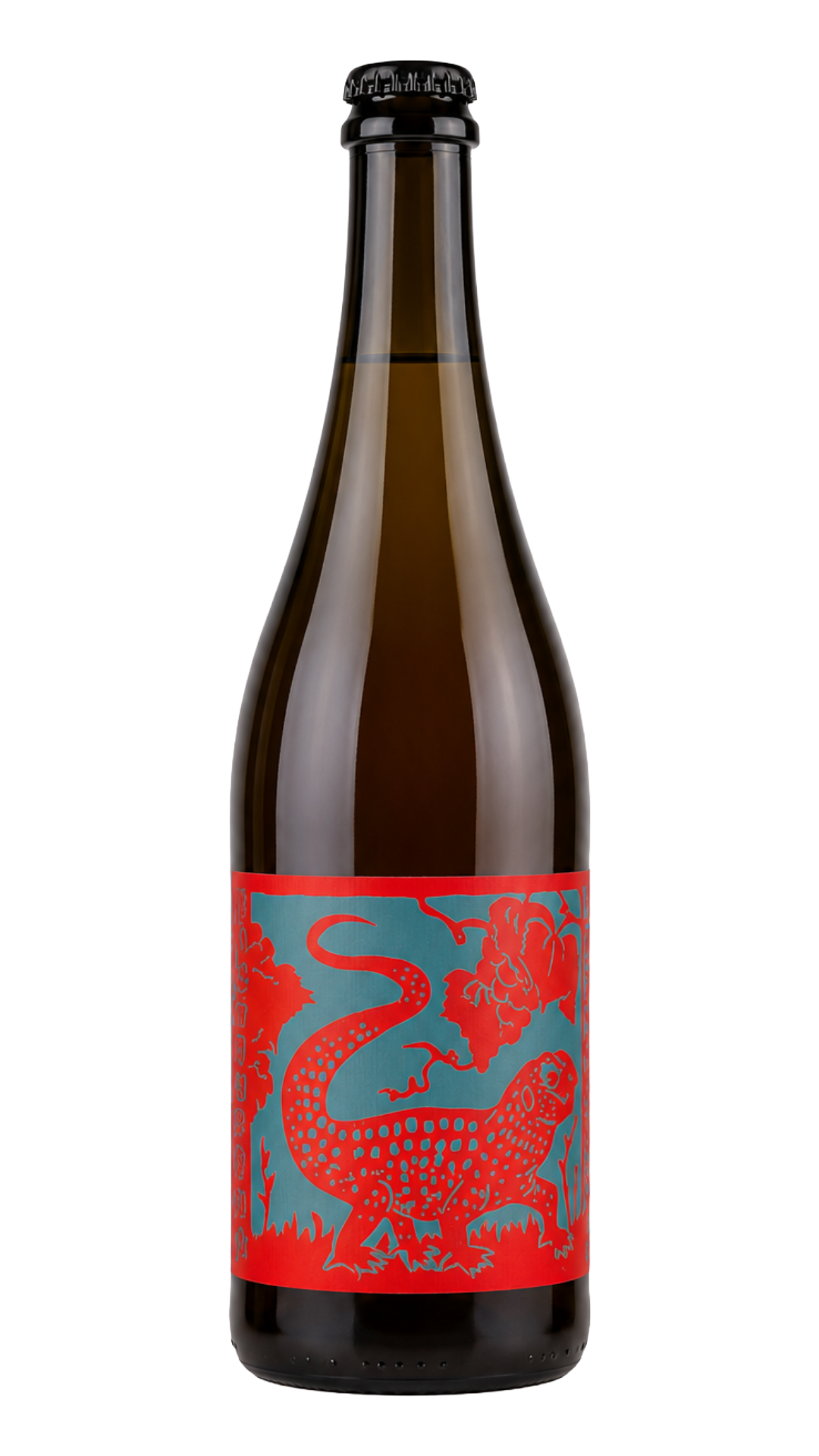 Bottle with a red label featuring a blue dragon design.