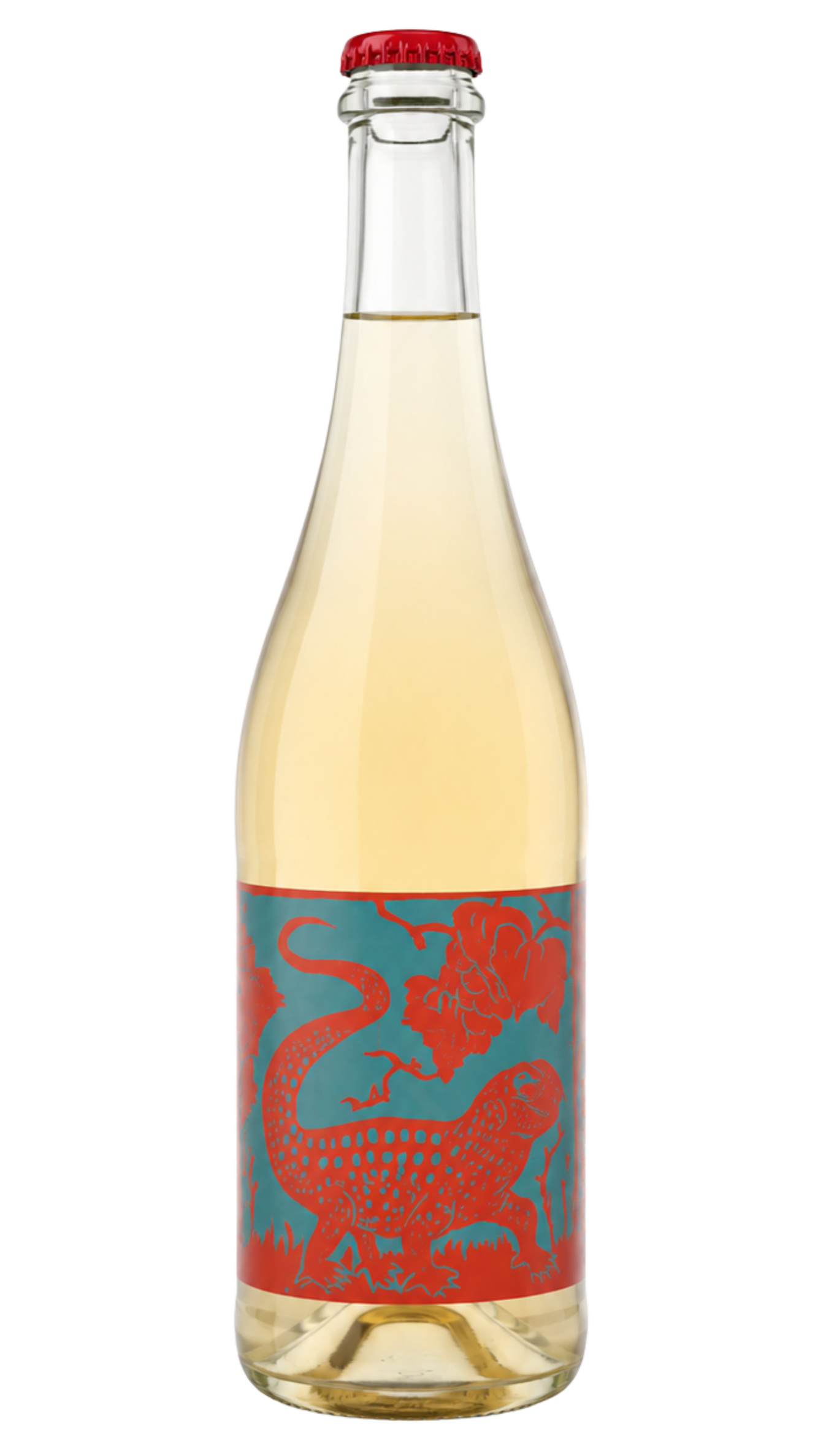 A glass bottle with red cap and a colorful label featuring a red dragon and floral design.