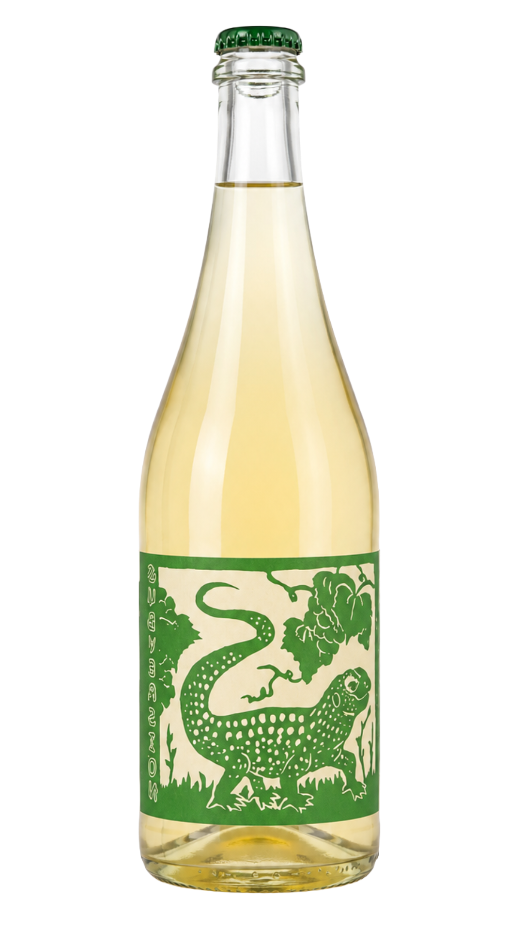 A clear glass bottle of lemon-flavored soda with a green cap and a green and white label featuring a cartoon dragon.
