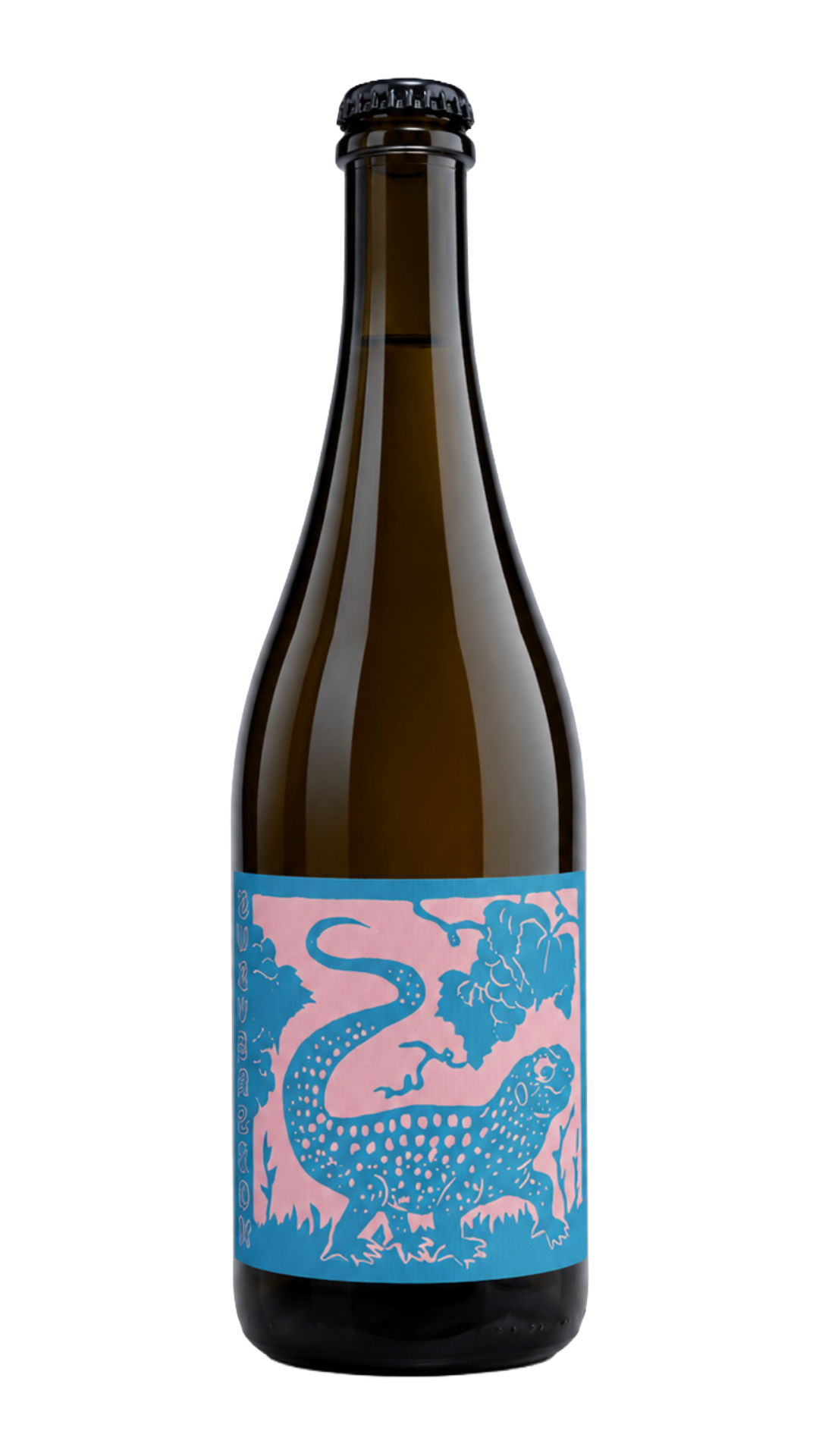 A brown glass beer bottle with a blue and pink label featuring a stylized dragon.