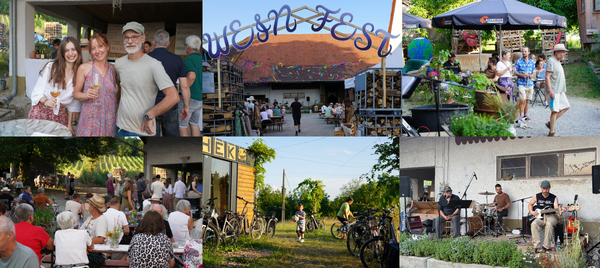 A collage of scenes from an outdoor festival, featuring smiling people at a wine or beer event, a stage with live music, a crowd gathering, bicycles parked, and a food stand with a sign that reads 'EKK'.
