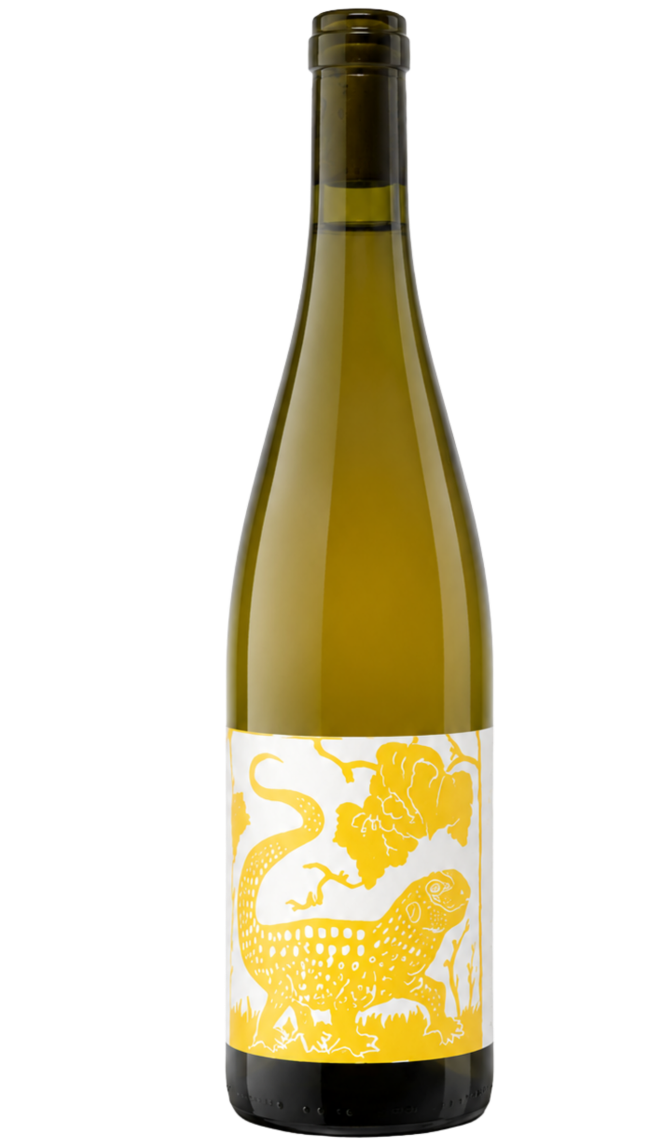 A brown glass bottle with a label featuring a yellow and white dragon design.