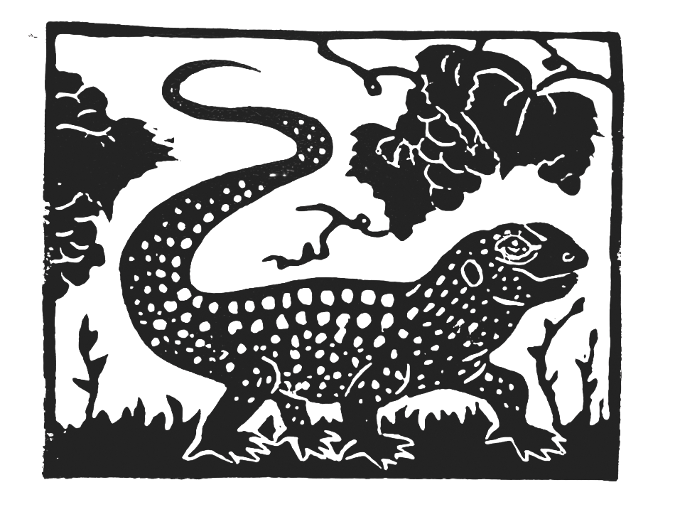 Silhouette of a lizard on a decorative background with leaves and foliage.