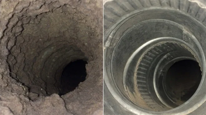 Side-by-side images of a dryer vent, before and after cleaning.
